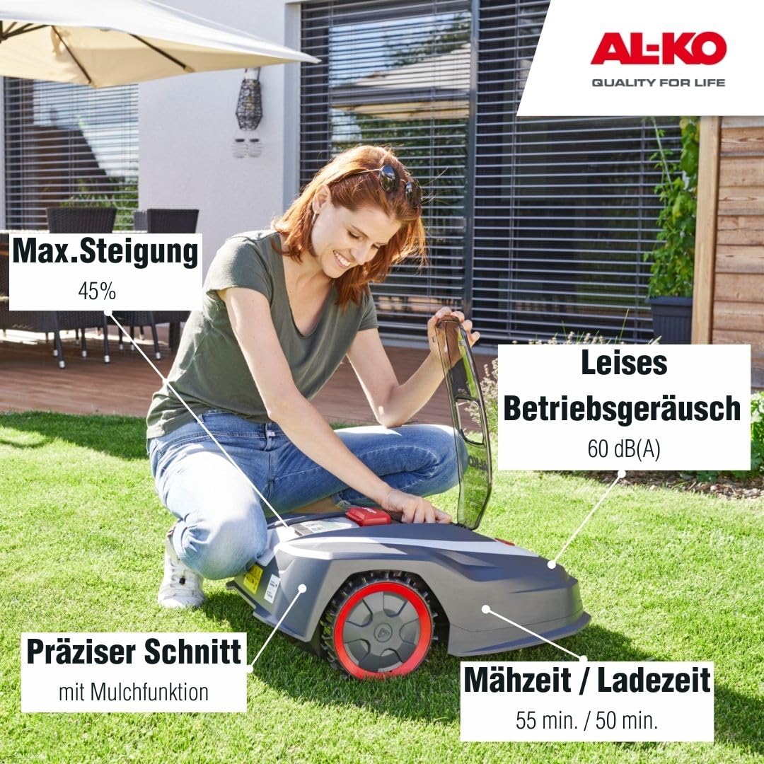 AL-KO Robot cortacésped Robolinho® 550 W, Ancho de Corte 20 cm, batería de Iones de Litio de 20 V/2,5 Ah, para Superficies de hasta 550 m², Capacidad de Ascenso máx. 45%, Muy silencioso 60 dbA