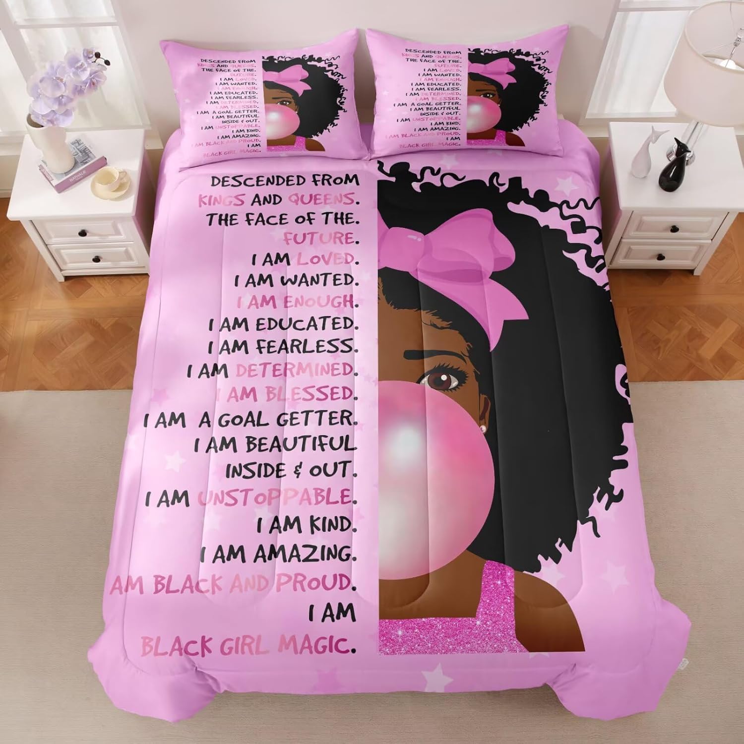 Black Girl Bubble Gum Comforter Twin for Kids Teens,Black Girl Magic Bedding Set,African American Inspirational Bed Comforter Set,Princess Bedroom Set - Image 2