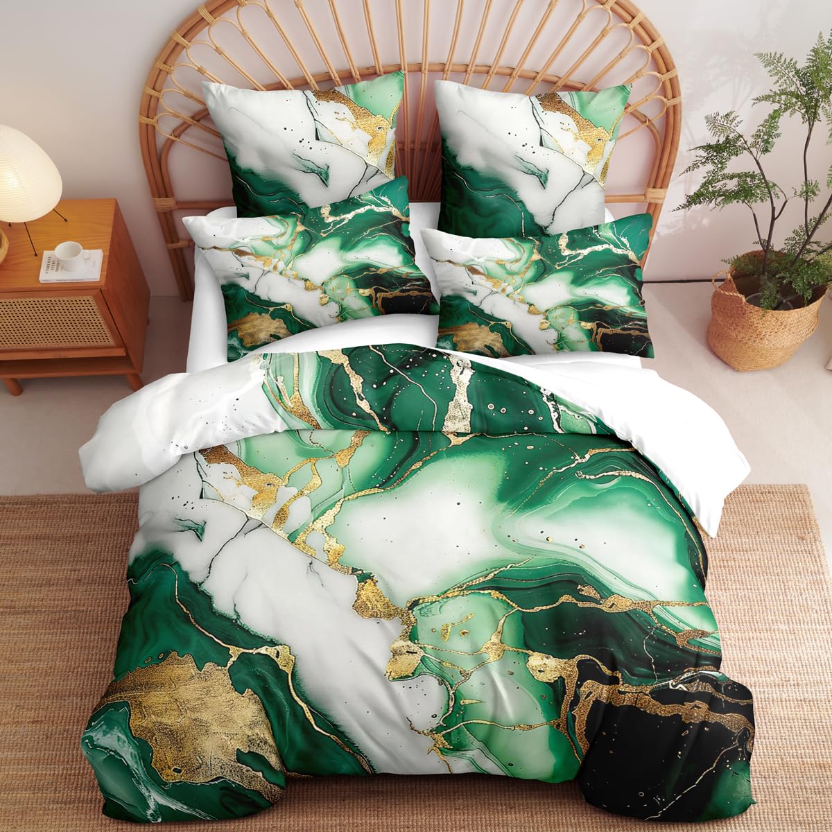 CCoutueChen Marble Duvet Cover Queen Size Emerald Green Marble Bedding Green White Gold Marbling Duvet Cover Set Soft Abstract Art Comforter Cover for Girls Boys(2 Pillowcases, No Comforter)