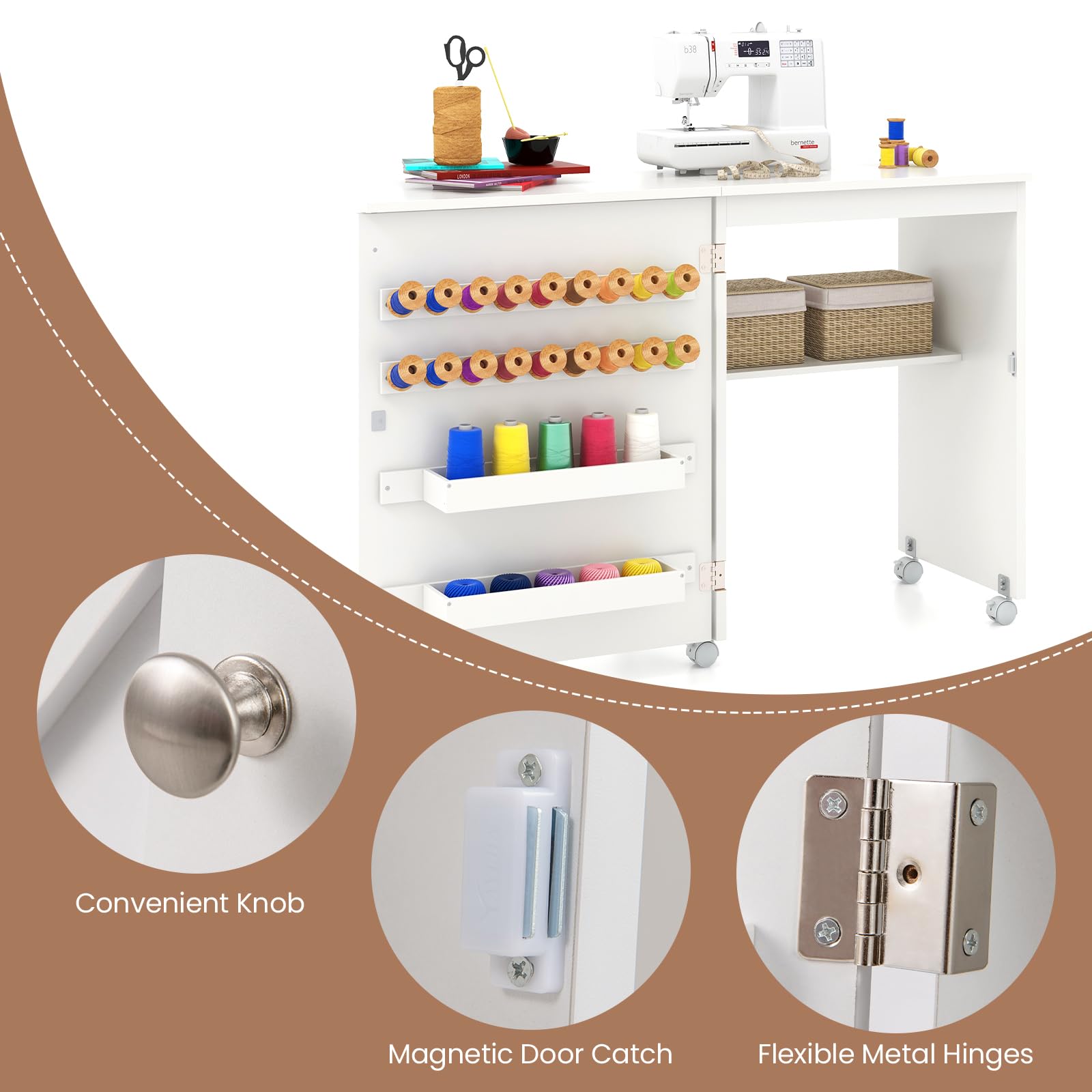 GIANTEX Armario de Costura Plegable 2 en 1, Mesa de Coser con 5 Ruedas, Mesa Multiusos con Compartimento Abierto, Estantes y Soportes para Carretes de Hilo, Mueble para Máquina de Coser (Blanco)