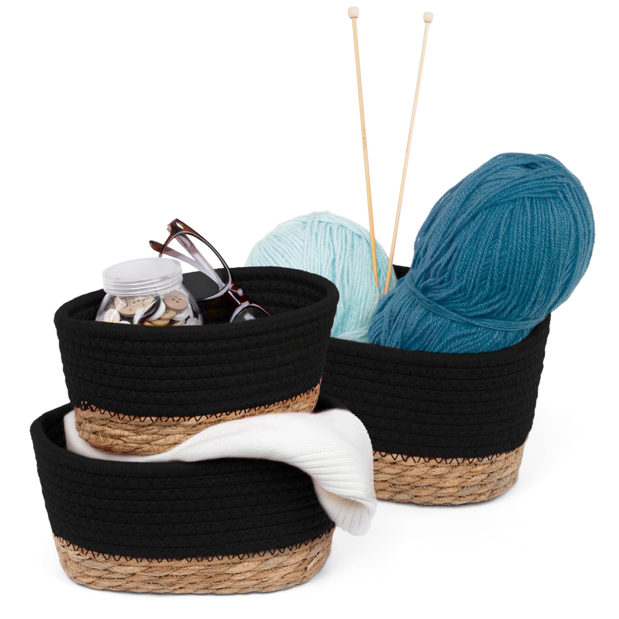 Livivo Charcoal Tulla Seagrass Shelf Storage Baskets - 3-Piece Stackable Set, Decorative Rope Design, Versatile Home Organiser Bin For Living Room, Bedroom, Office, Bathroom, Underbed (Charcoal)