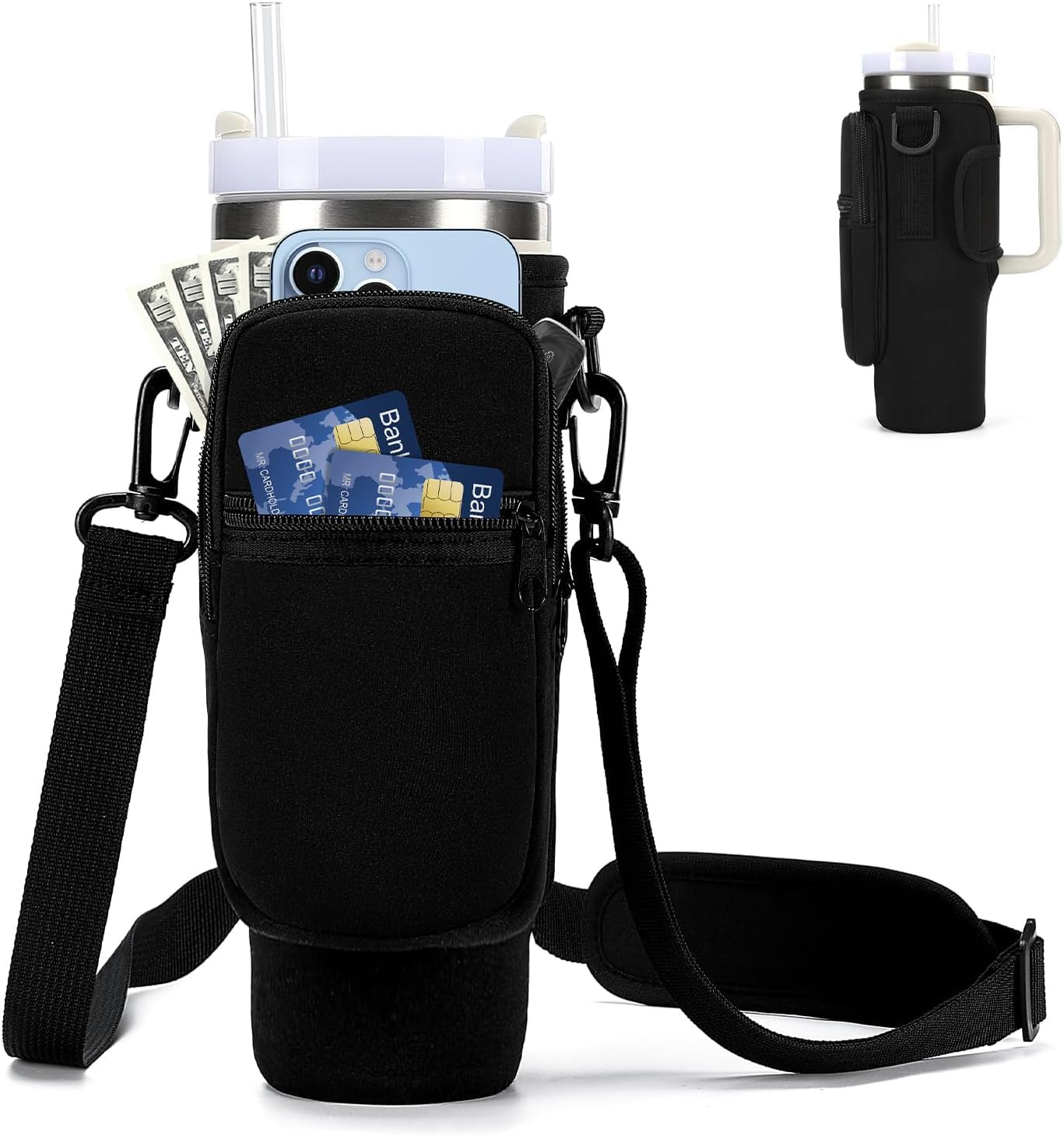Water Bottle Carrier Bag,Compatible for Stanley/Mebius Yhc/Meoky 40 oz Tumbler with Handle,Water Bottle Pouch with Adjustable Shoulder Strap, Water Bottle Holder for Walking Hiking Camping. (Black)