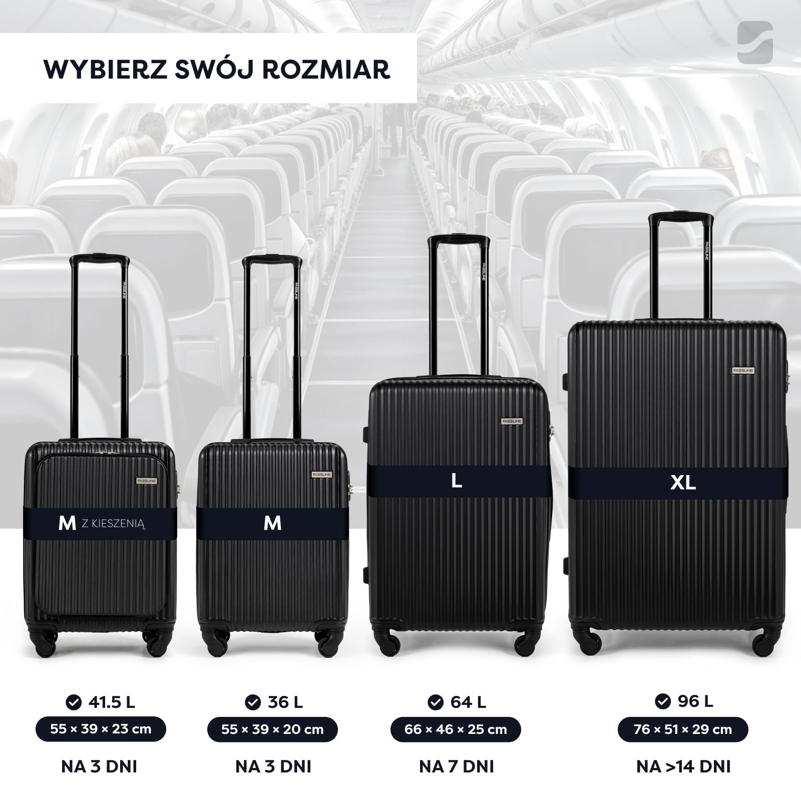 Walizka kabinowa czarna, Bagaż kabinowy 55x39x20cm, 36 L, Materiał ABS, Zamek szyfrowy, Walizka podróżna, Bagaż podręczny na 4 kółkach, Elastyczna rączka, Mała walizka kabinowa twarda