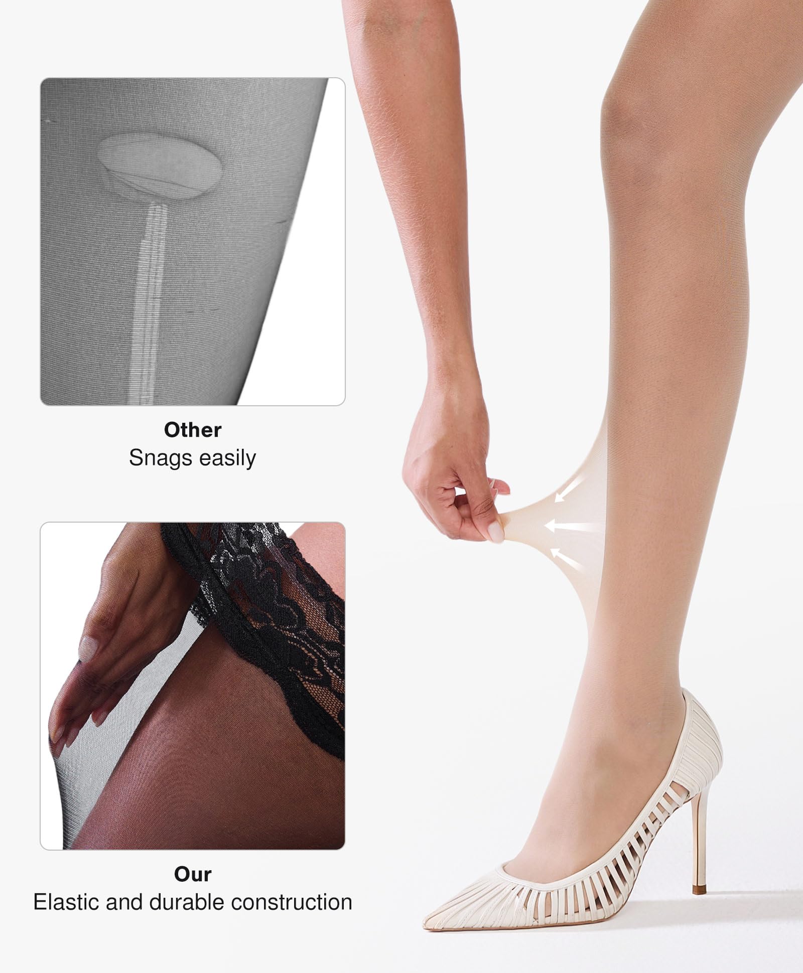 Popilush Thigh High Stockings Silicone Lace Top Stay Up Silk Sheer Pantyhose for Women: Nude Large