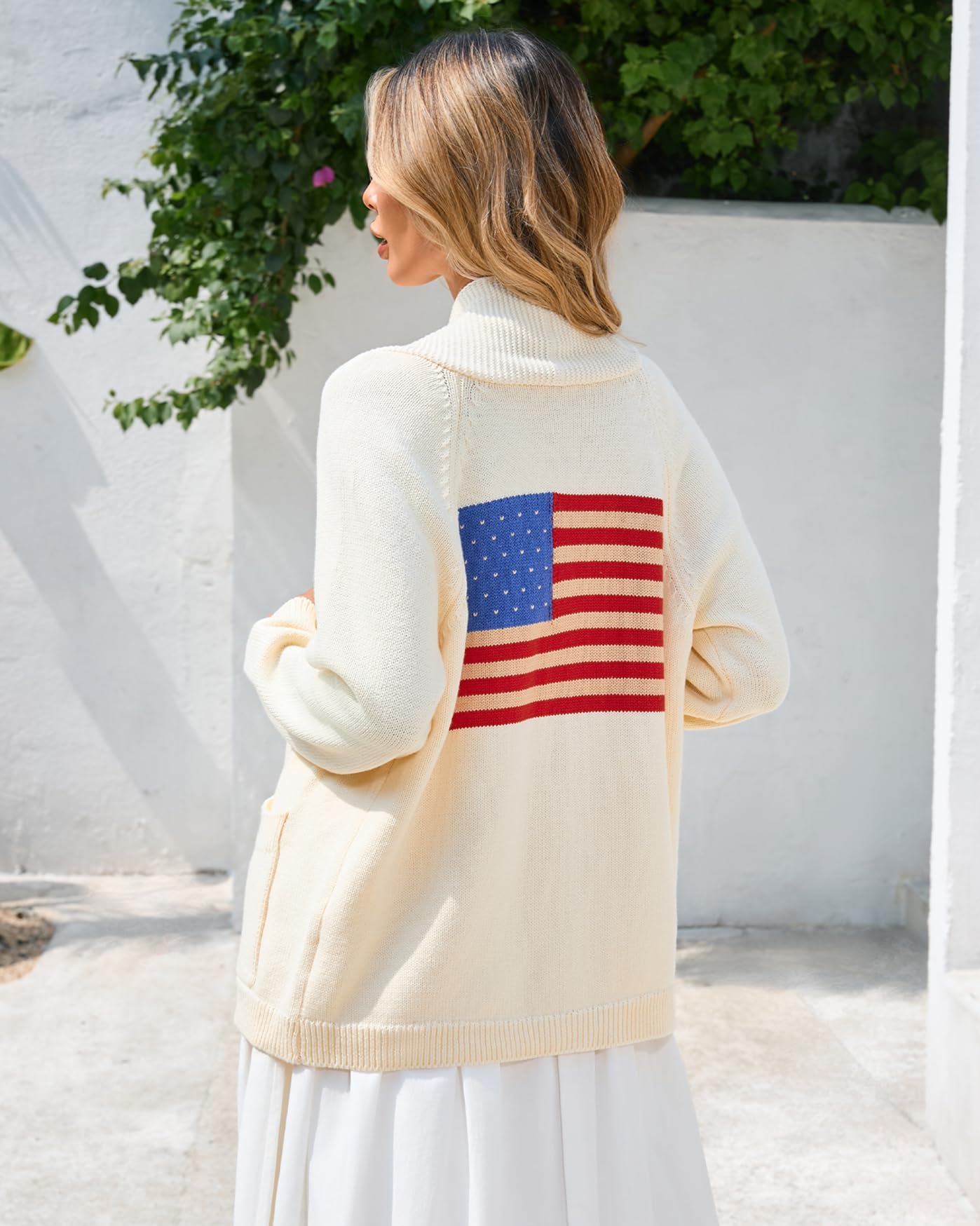 Cárdigan de punto grueso para mujer, con diseño de bandera americana, cuello de chal y botones, para otoño