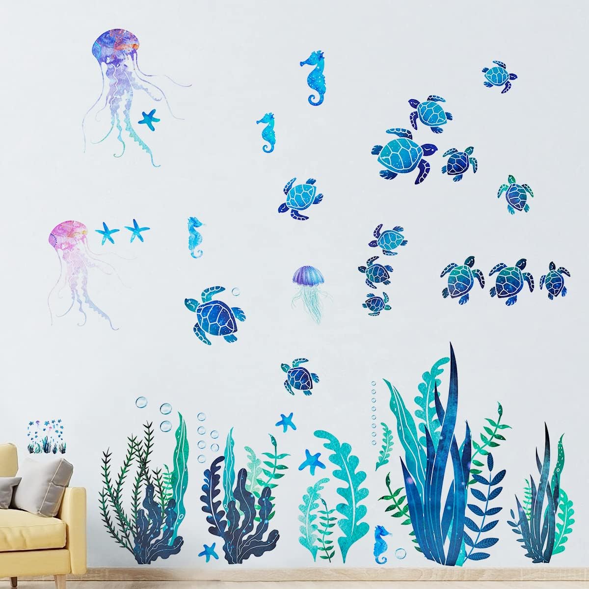 Decalmile Stickers Muraux Tortue Autocollant Mural Sous La Mer Corail Du00e9coration Murale Chambre Salle De Bain Bu00e9bu00e9 Pu00e9piniu00e8re