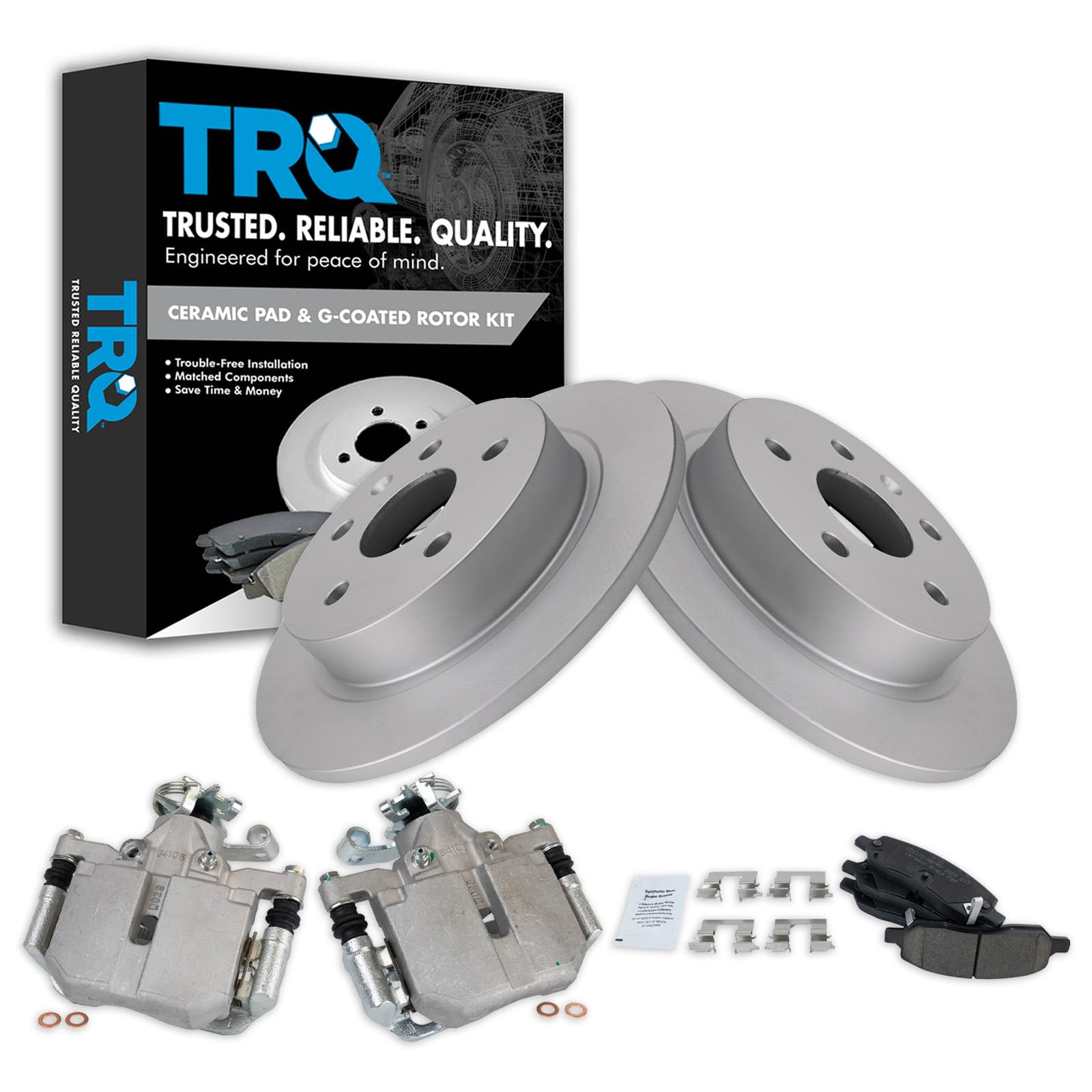 TRQ Rear Brake Pad and Rotor Set Ceramic Solid G Coated Rotors Calipers