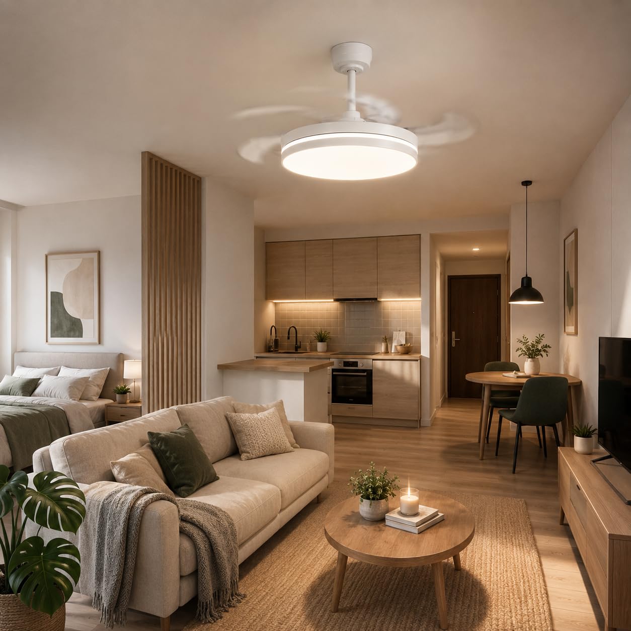 MAKA Ventilatore Ultra Silenzioso da Soffitto con Luce Led 60 watt, 6 Velocità - 3 Pale PVC Reversibili - Motore 30 watt - 220V IP20, Plafoniera Dimmerabile (Luce 60 w - Motore 30 w)