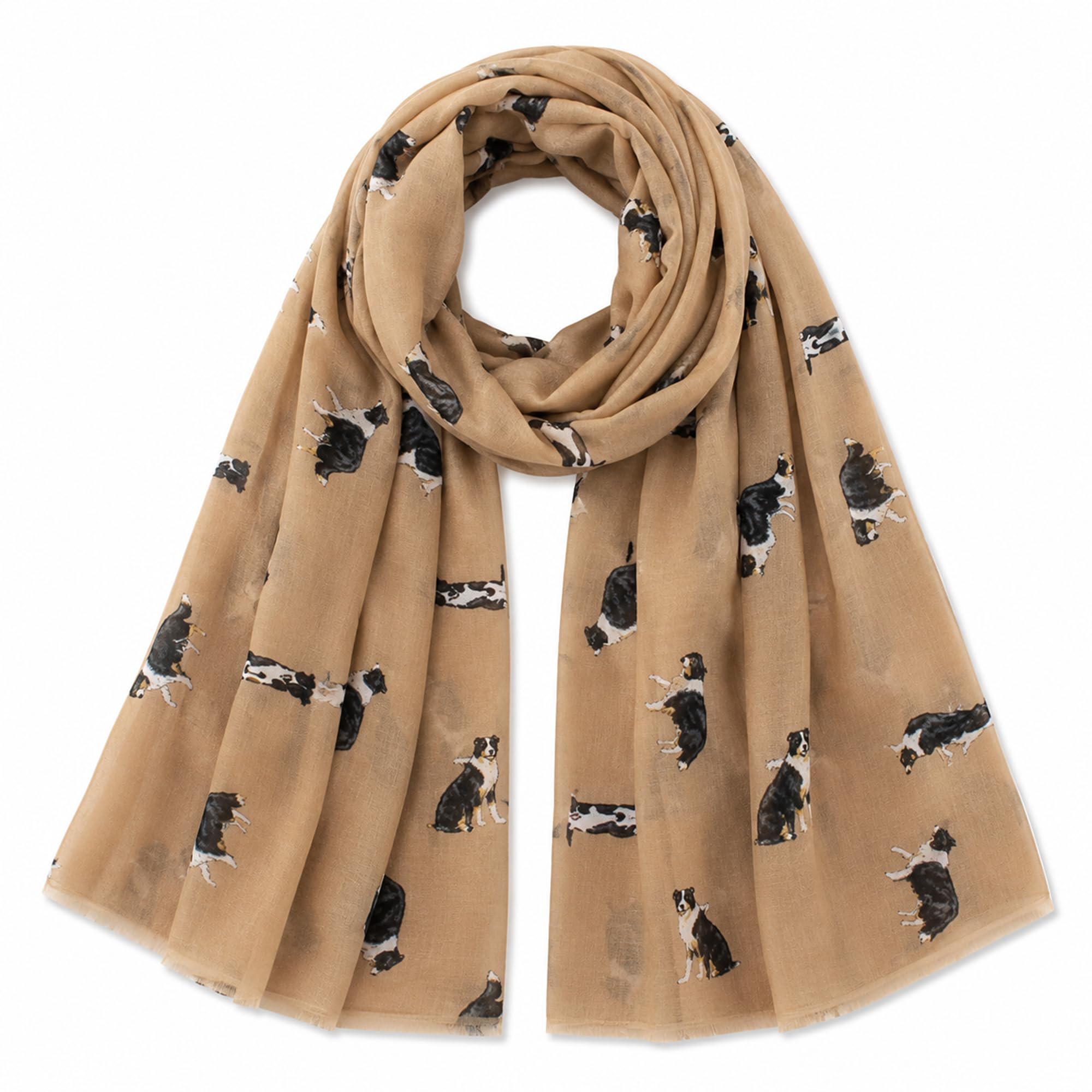 FUREVER GIFTS Border Collie Sheepdog Scarf Light Brown Cotton Blend 180cm x 90cm for Women Dog Lovers
