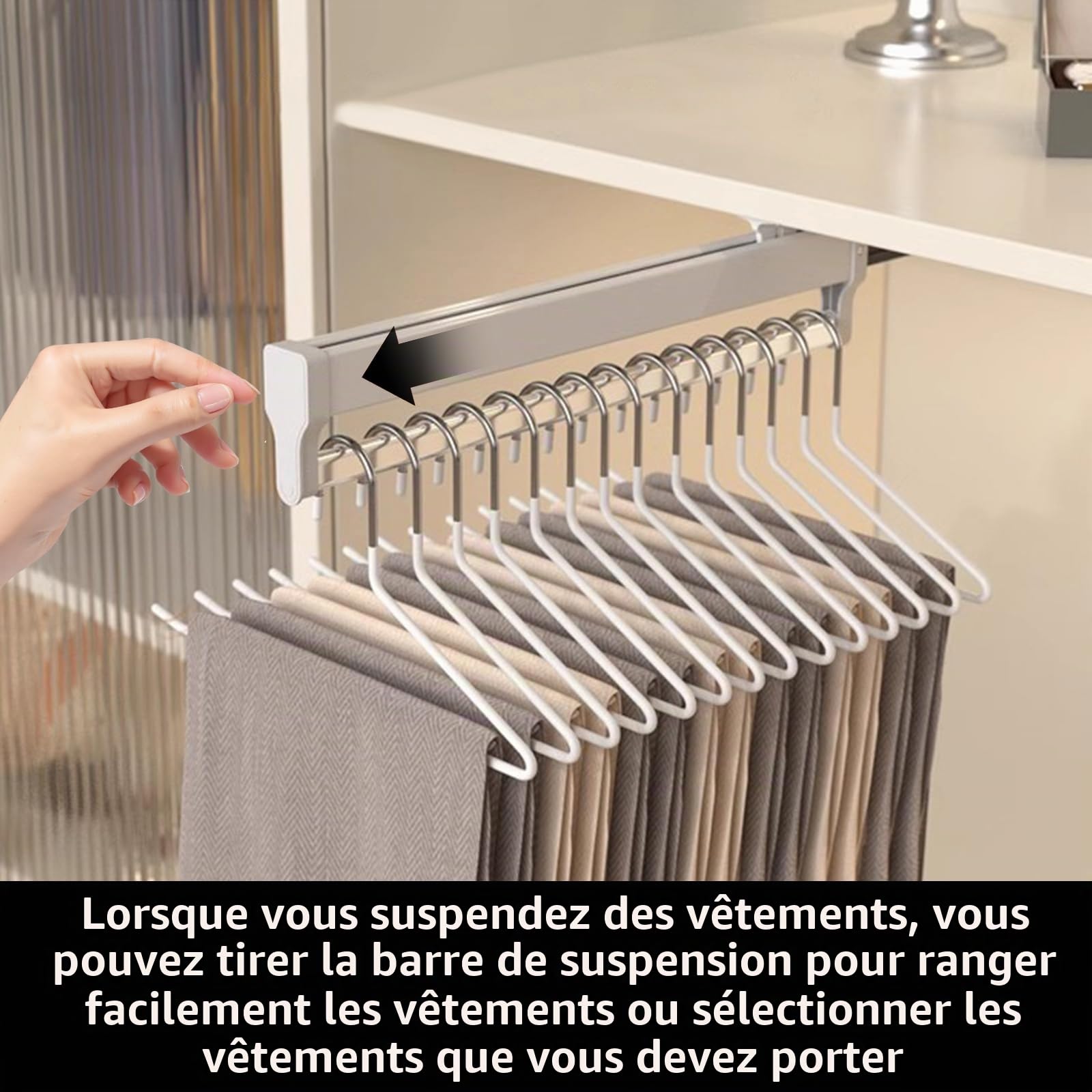 Lot de 2 tringles à vêtements extensibles avec 2 rails coulissants, réglables de 35 à 68 cm, blanc, tringle à vêtements extensible, pour armoire, charge maximale : 25 kg