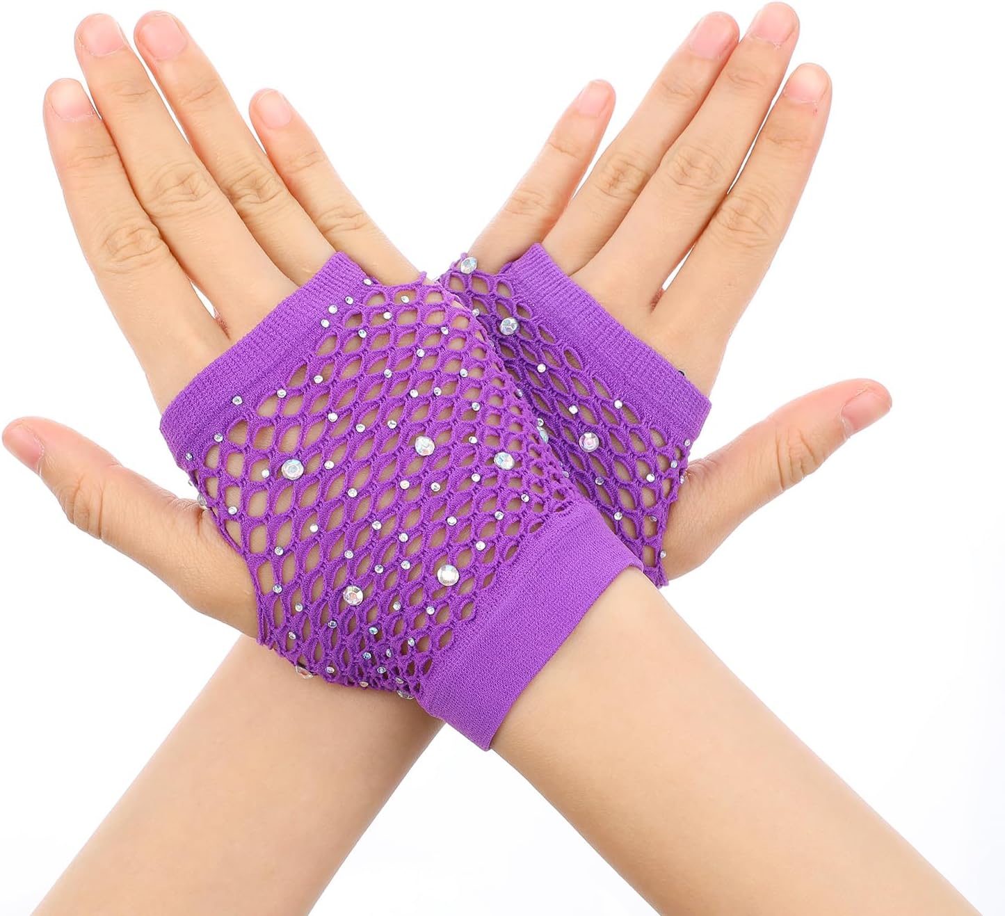 Rhinestone Fishnet Gloves Fingerless for Women, Sparkly Short Mesh Net Arm Sleeves Warmers for Halloween Cosplay Party