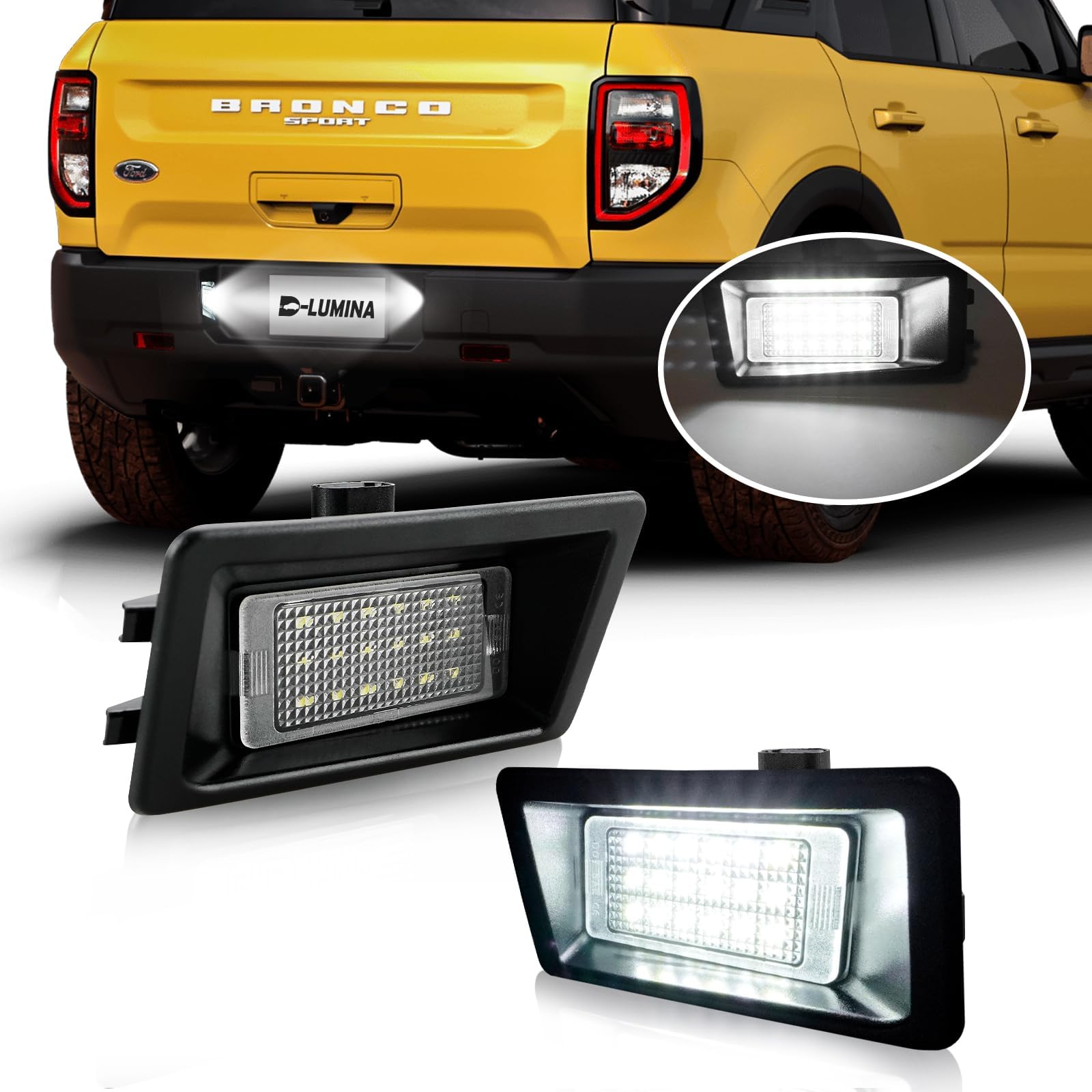 D-Lumina LED License Plate Light Tag Lamp Assembly for 2021 2022 2023 Fo-rd Bronco Sport, Powered by 18-SMD 6000K White LED Tag Lights, Pack of 2