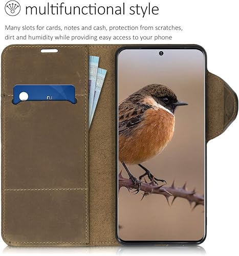 Miniatura 4 de kalibri Funda compatible con Samsung Galaxy S20 Ultra - Funda protectora de piel auténtica tipo cartera con ranura para tarjetas - Marrón