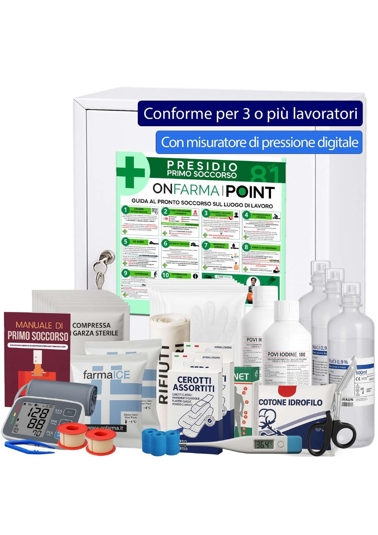 ONFARMA ARMADIETTO DIGIT PLUS BRACCIO allegato 1 CON MISURATORE DI PRESSIONE DIGITALE DA BRACCIO cassetta di pronto soccorso conforme DM 388 allegato 1 oltre 3 dipendenti