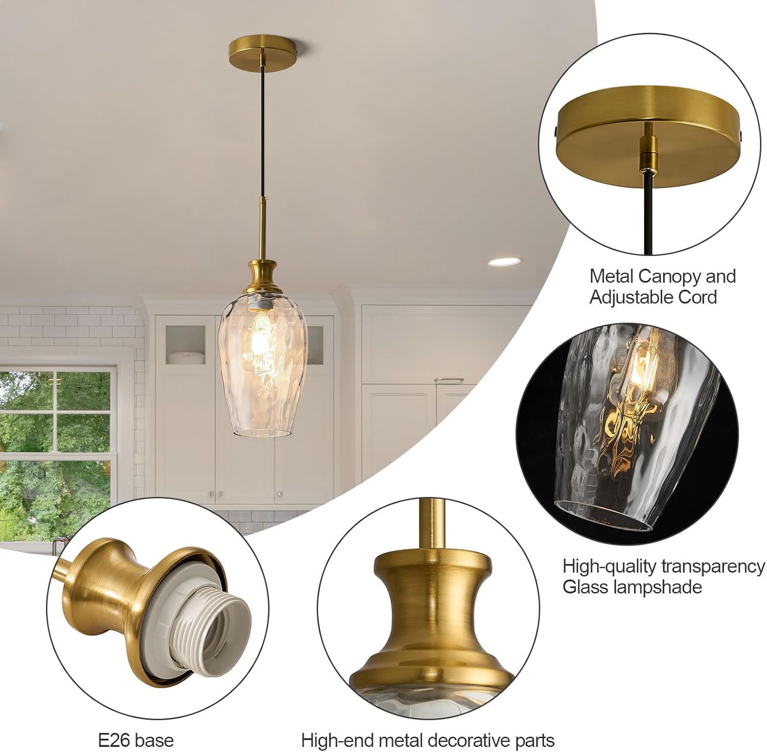 Modern Kitchen Pendant Lights,1-Light Brass Color Pendant Light Fixtures with Hand-Blown Clear Glass Light Fixture for Kitchen Island Sink Dining Room Bedroom Hallway, E26 Bulb Not Includes