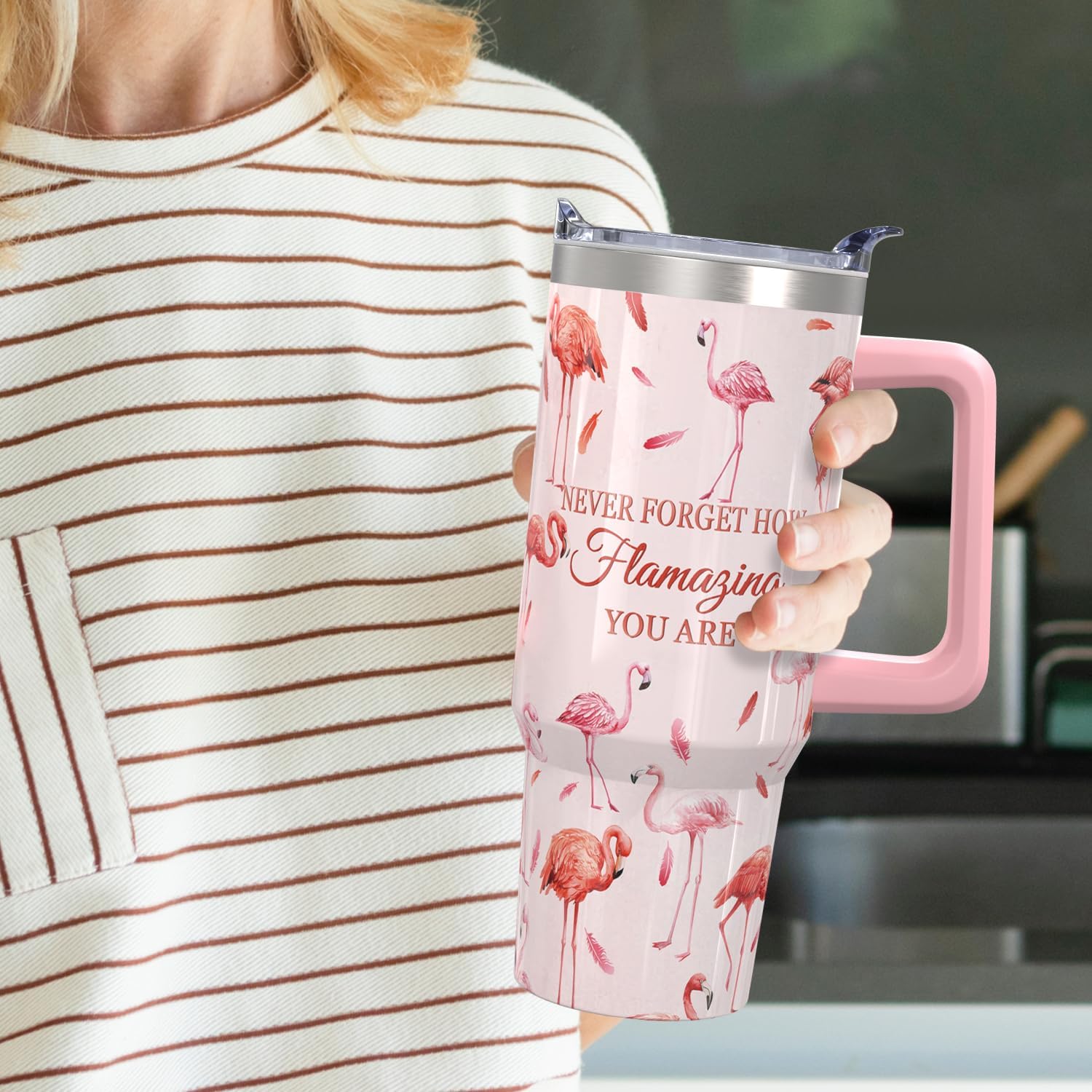 30oz Flamingo Gifts - Flamingo Tumbler Insulated Double Wall Stainless Steel Cute Coffee Cup Tumbler with Handle and Straw - Image 7