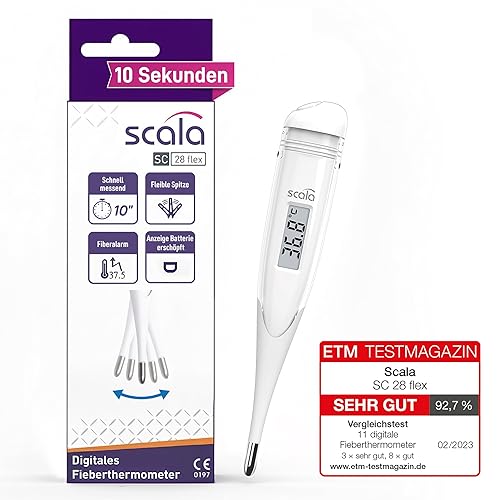 scala SC 28 flex Fieberthermometer digital – 10 Sek. Messzeit, flexible Spitze, Fieberalarm, wasserdicht – oral, rektal & axillar – weiß – für Baby, Kinder & Erwachsene
