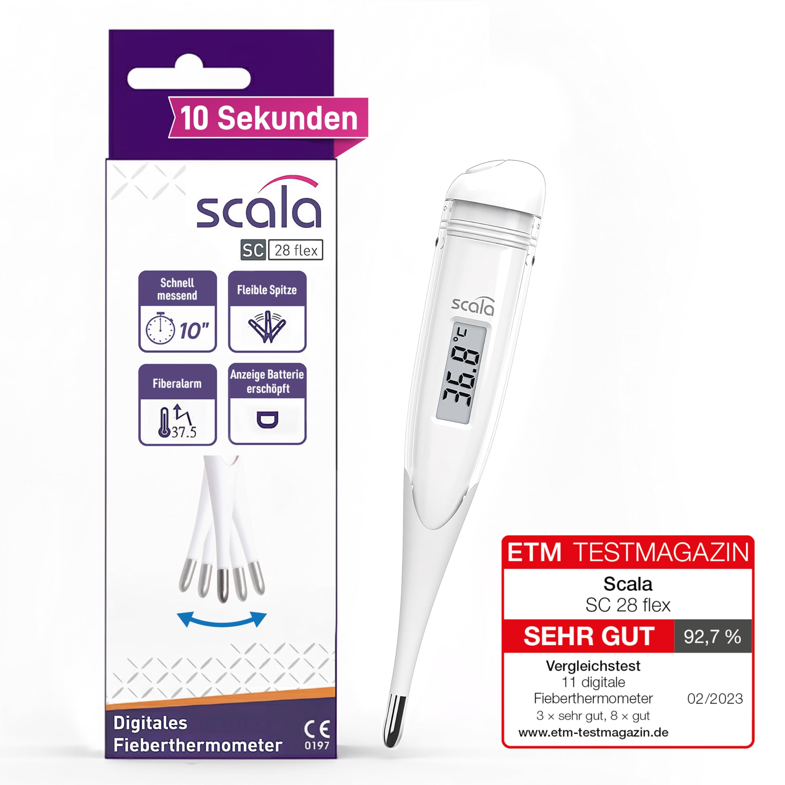 scala SC 28 flex Fieberthermometer digital – 10 Sek. Messzeit, flexible Spitze, Fieberalarm, wasserdicht – oral, rektal & axillar – weiß – für Baby, Kinder & Erwachsene