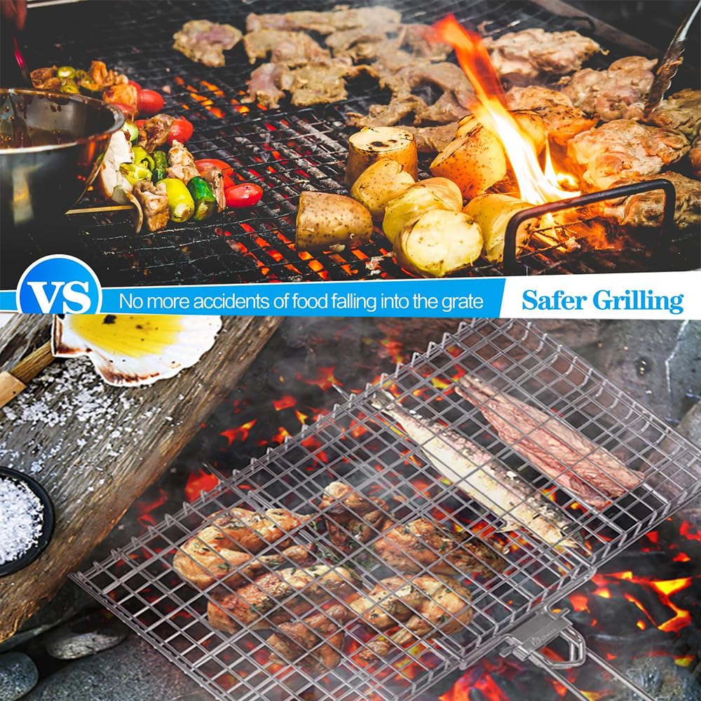 Panier De Barbecue En Acier Inoxydable Avec Poignée Bois Pliable - Pour Poisson, Légumes, Viandes, Cuisson En Extérieur