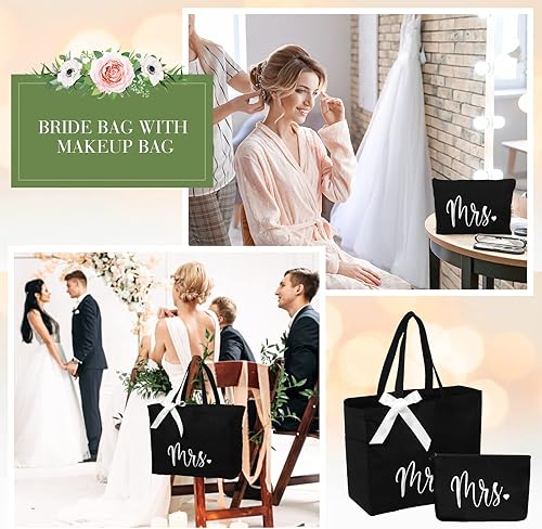Miniatura 6 de Cunno Bolsa de mano para novia con bolsa de maquillaje, juego de poliéster MRS para mujer, grande, negro, regalos de boda, Negro -, Grande