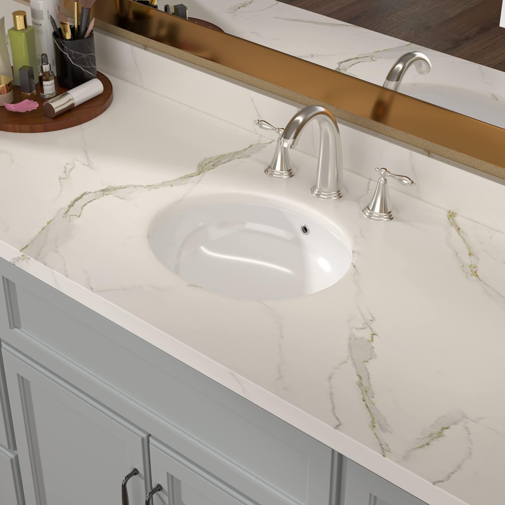 Lordear Fregadero de baño empotrado de 19 x 16 pulgadas (tamaño del cuenco interior: 17.4 x 14.1 pulgadas), lavabo redondo de porcelana blanca de cerámica para baño debajo del mostrador lavabo con