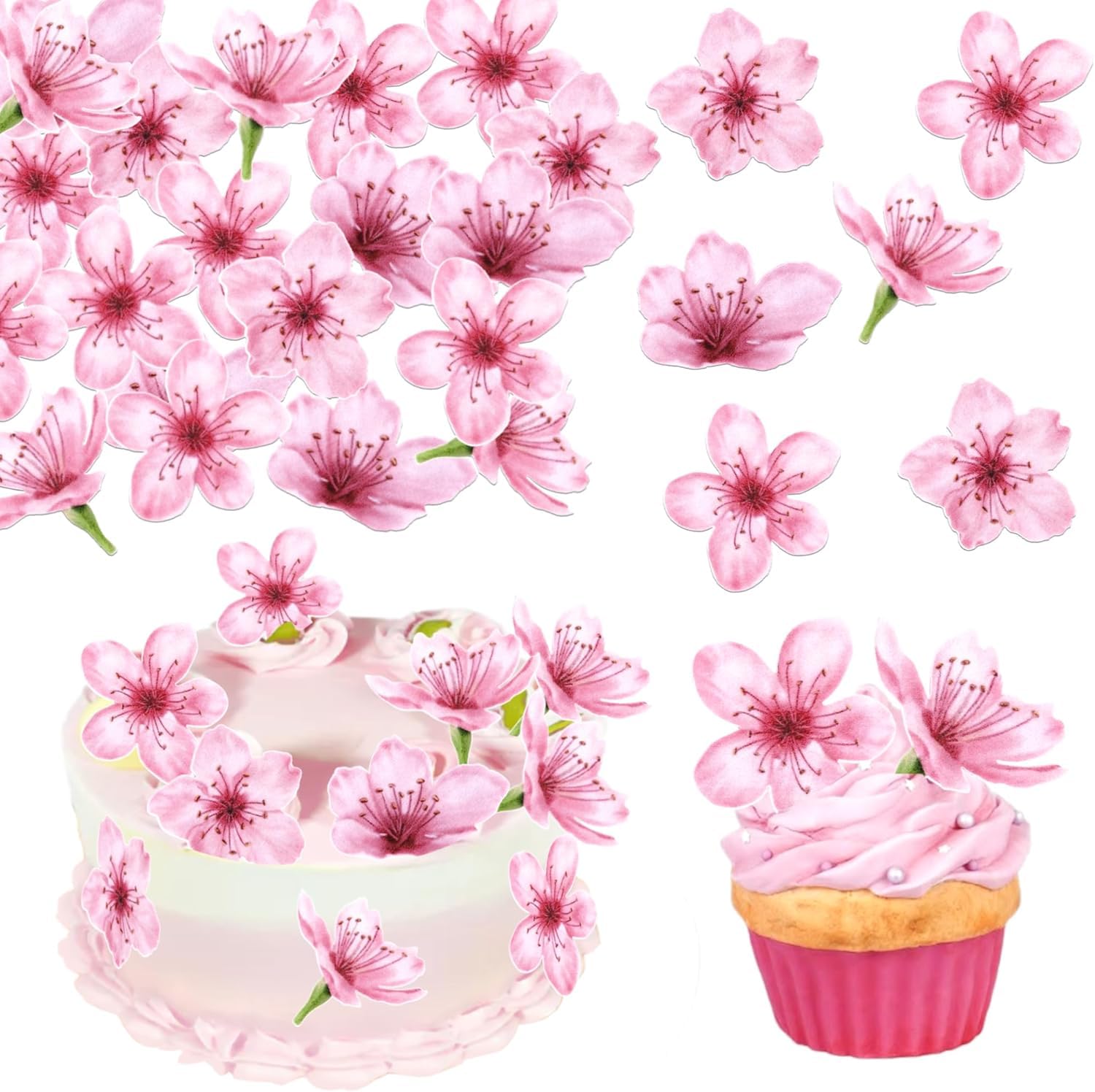SYKYCTCY 40 Pack Edible Flowers Cake Decorations Pink Edible Cherry Blossoms Flowers Cupcake Toppers Wafer Paper Flowers Cupcake Picks for Baby Shower Kids Birthday Party Food Decorations Supplies โ image 1