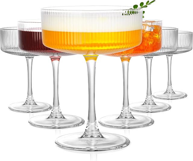 AMYOOLE Vieilles Lunettes de Coupe Ribbed 6-11oz Effacer 100% Verres cristal Martini Verres à cocktail élégants, Verre transparent pour Champagne, Margaritas, Espresso Livré avec un moule à glace rose.