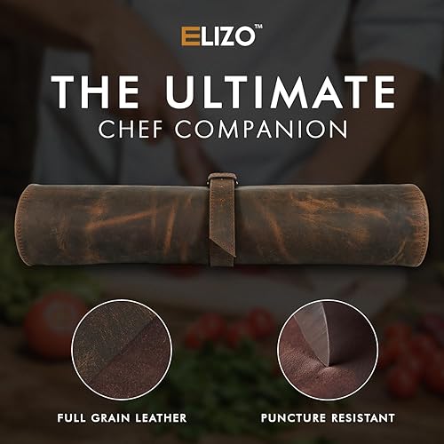 Miniatura 6 de ELIZO Rollo de cuchillo de cuero para cuchillos de chef, bolsa de rollo de cuchillos de chef profesional, bolsa de transporte de almacenamiento de