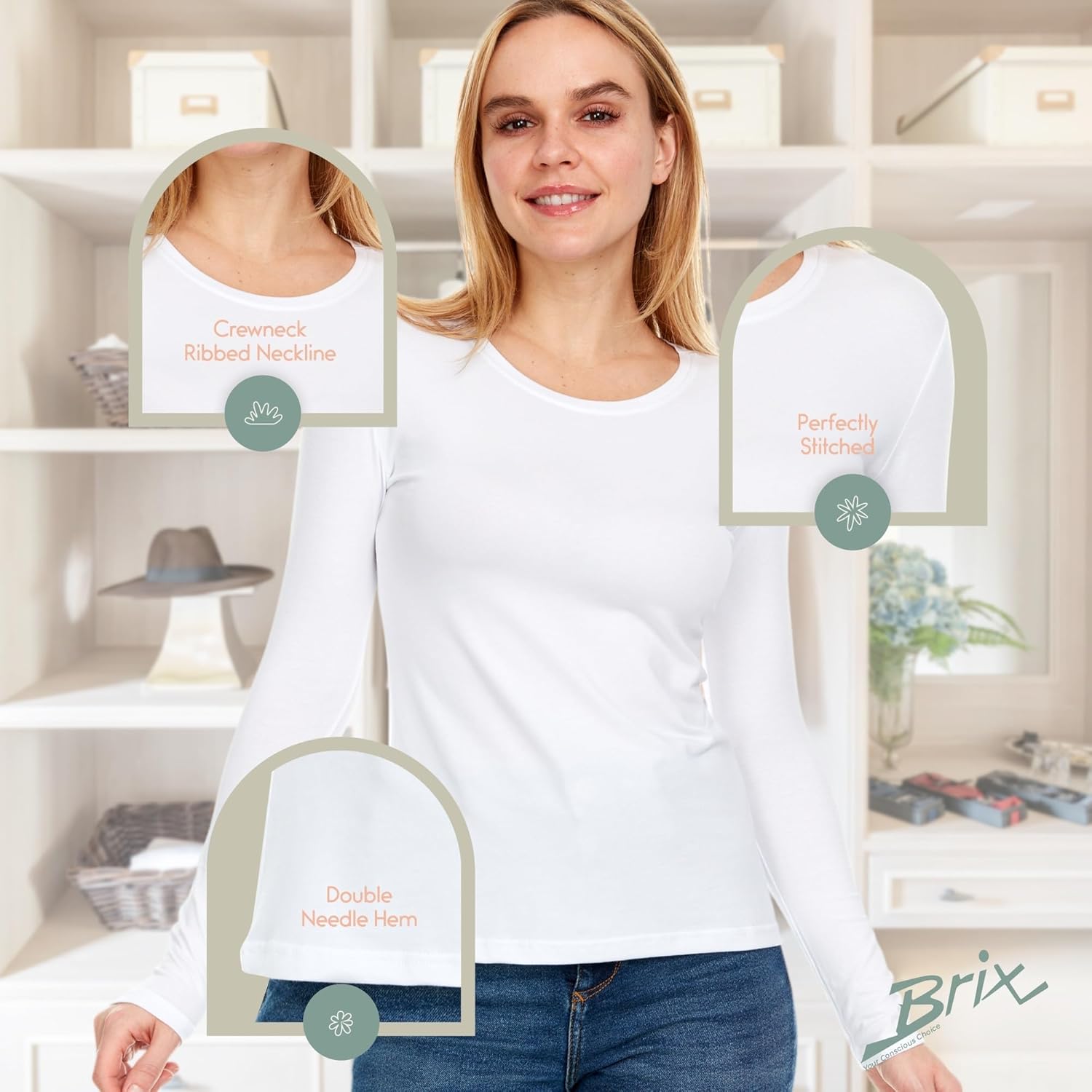 Brix Essentials Women's Classic-Fit Long-Sleeve Crewneck T-Shirt Super Soft Tagless. - Image 5