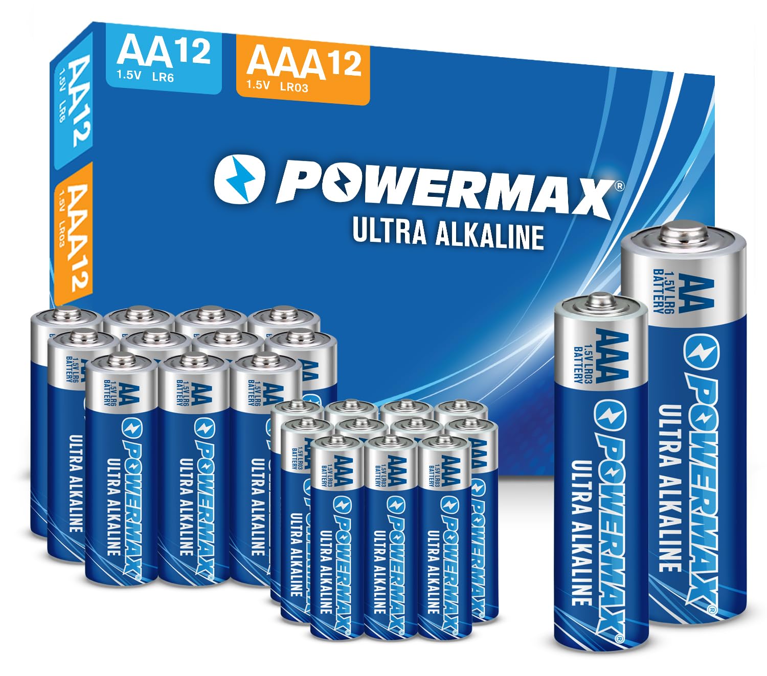 Powermax Alkaline Batteries 24-Count Combo Pack 12 Double AA 12 Triple AAA Ultra Long Lasting Battery for Home