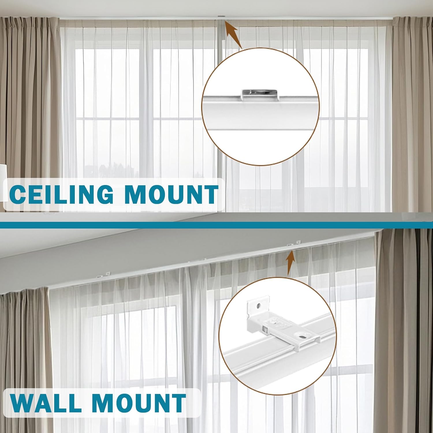 Ceiling Curtain Track, Curtain Rail Set with Hooks, 9ft - 12ft Wall Ceiling Mount Curtain Track, for Living Room Bedroom Bathroom, White