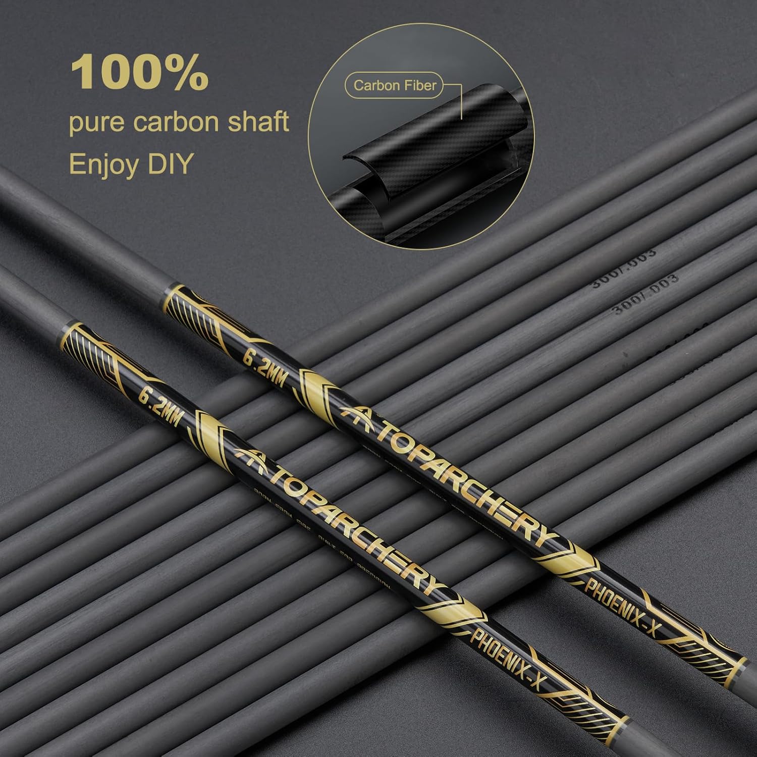 TOPARCHERY 12pcs Pure Carbon Arrow Shaft for DIY 33 Inch 6.2 mm Straightness ± 0.003" Spine 300/350/400/500/600 Carbon Shaft Tube DIY Archery for Compund Bow Recurve Bow