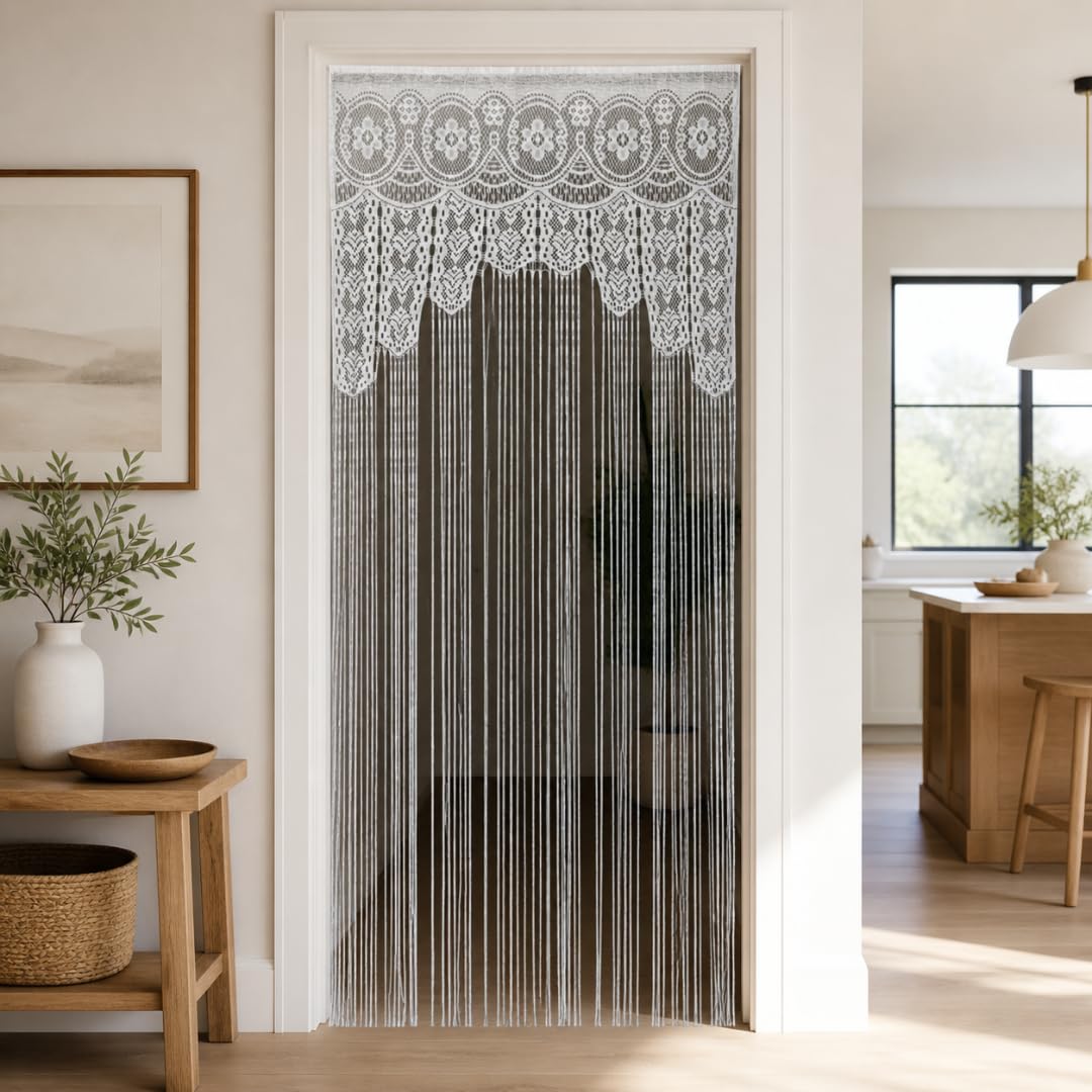 White Macramé Effect String Door Curtain Fly Screen, Lace Top Panel with 5mm Wide Anti Tangle Strands, Tassel Doorway Curtain with Adjustable Pole Room Divider (85 x 200cm)