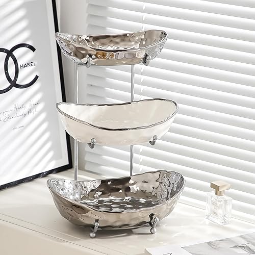 Miniatura 6 de Frutero para encimera de cocina, cuencos de cerámica de 3 niveles con soporte de metal, cesta de frutas escalonada para almacenamiento de frutas y