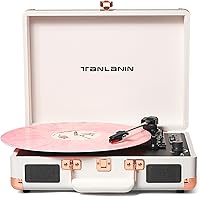 Vista 13 de Tocadiscos de maleta Bluetooth con altavoces integrados, control de graves y agudos, tocadiscos de 3 velocidades con parada automática, reproductor