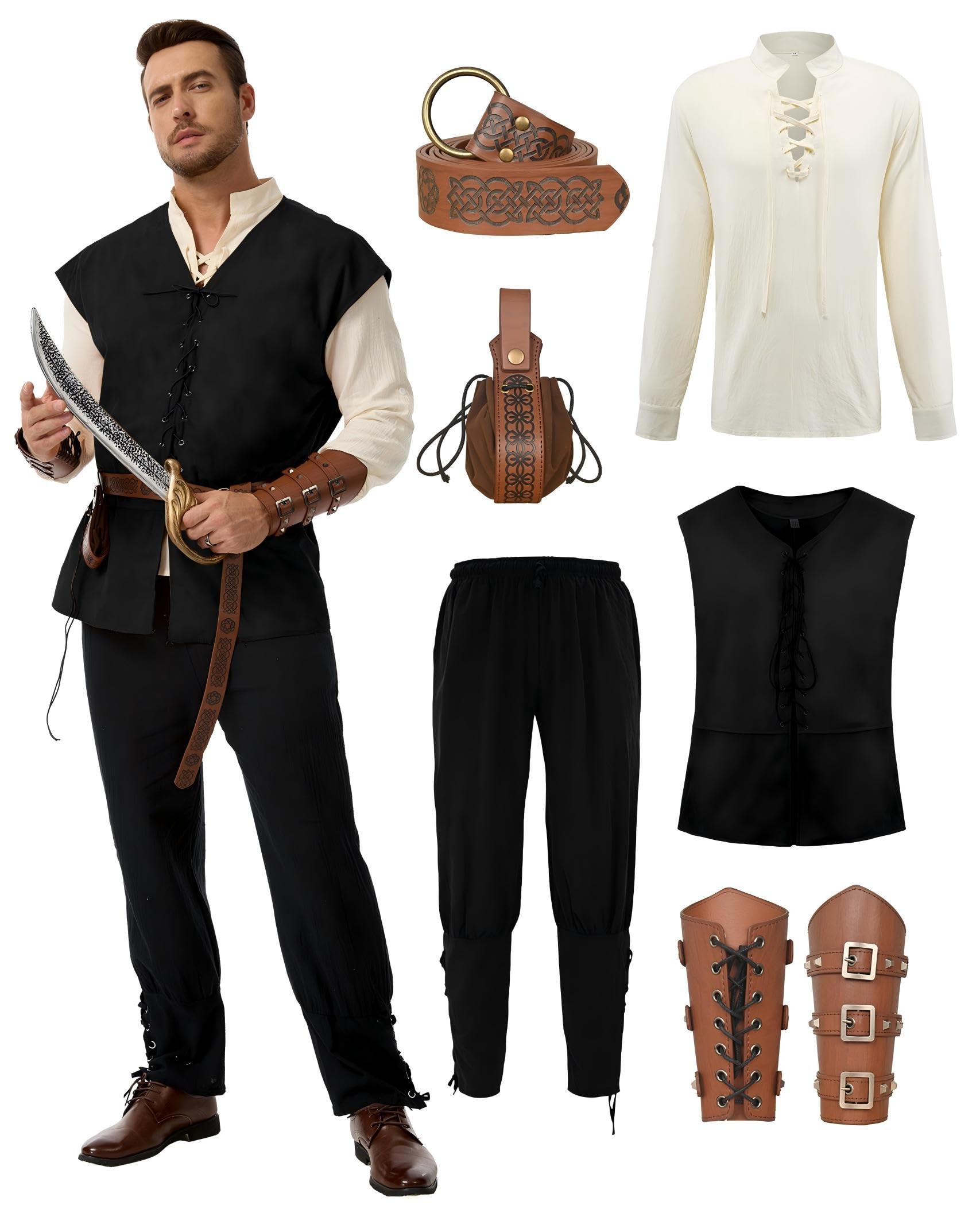 MIQEBX Men's Medieval Viking Costume Set - 6 Piece Renaissance Pirate Outfit with Lace-Up Shirt, Vest, Trousers, Bracers, Quiver & Celtic Belt for LARP, Halloween & Fancy Dress (White + Black, 3XL)