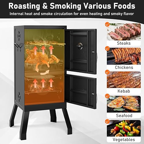 Miniatura 6 de Happygrill Parrillas de carbón, parrilla vertical de 40 pulgadas con termómetro integrado, amortiguadores de aire ajustables, bandeja de agua