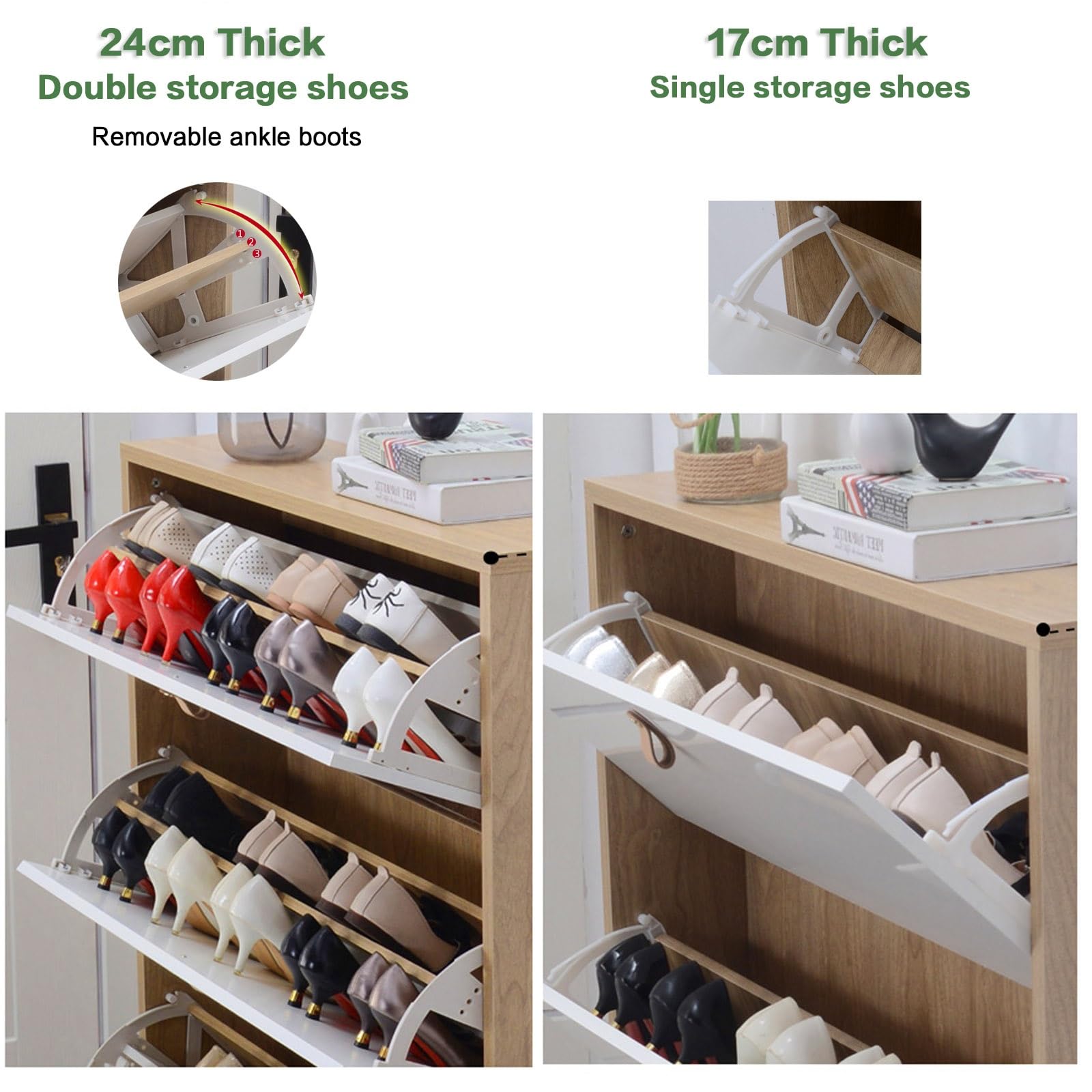Armadietto Per Scarpe Sottile Con 2 Cassetti Ribaltabili – Organizer Da Ingresso In Rovere Bianco, 79x114x23.8 Cm