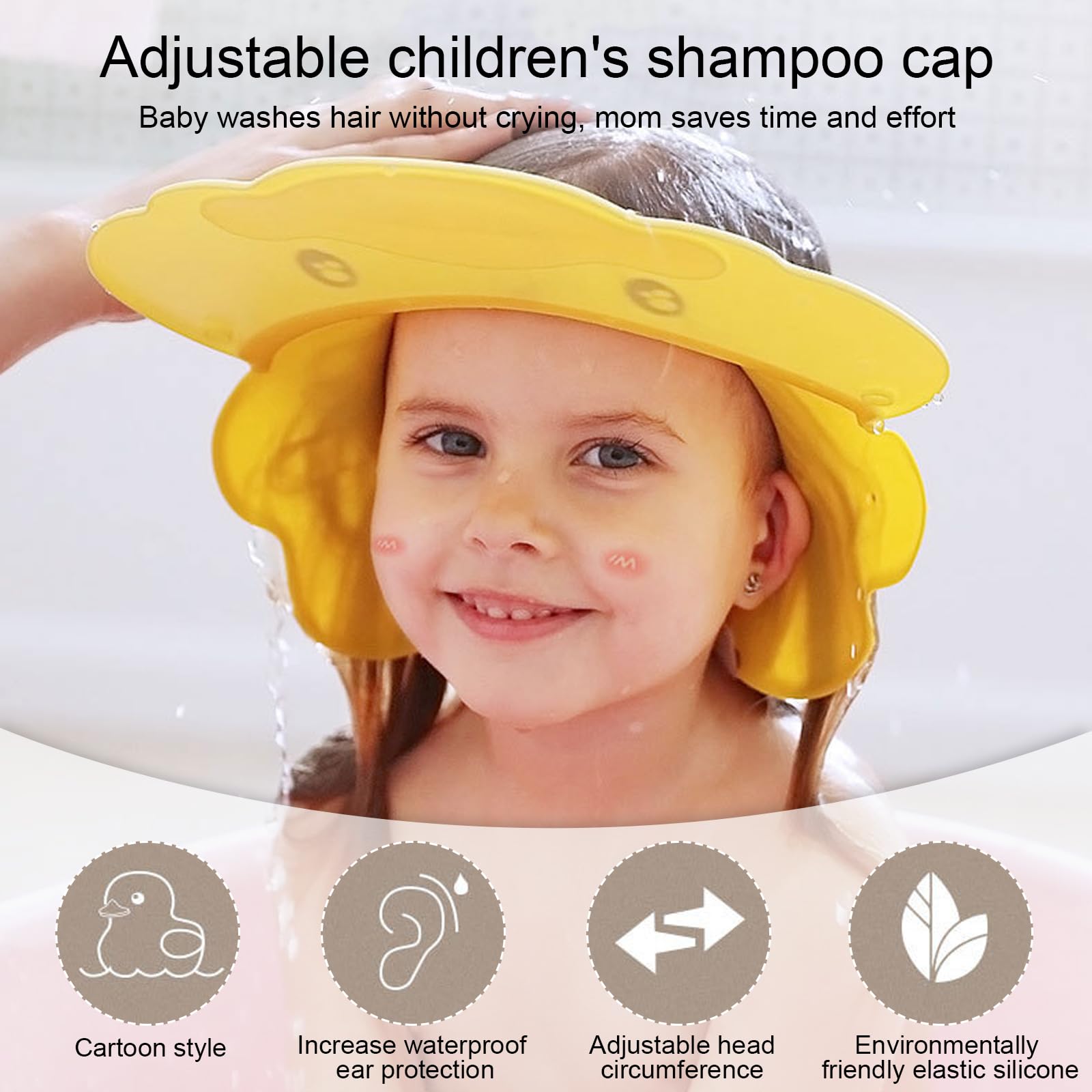 Gorro de Ducha Ajustable para Niños y Bebé, Visera Baño Sombrero Impermeable Protege Ojos y Orejas (Amarillo)