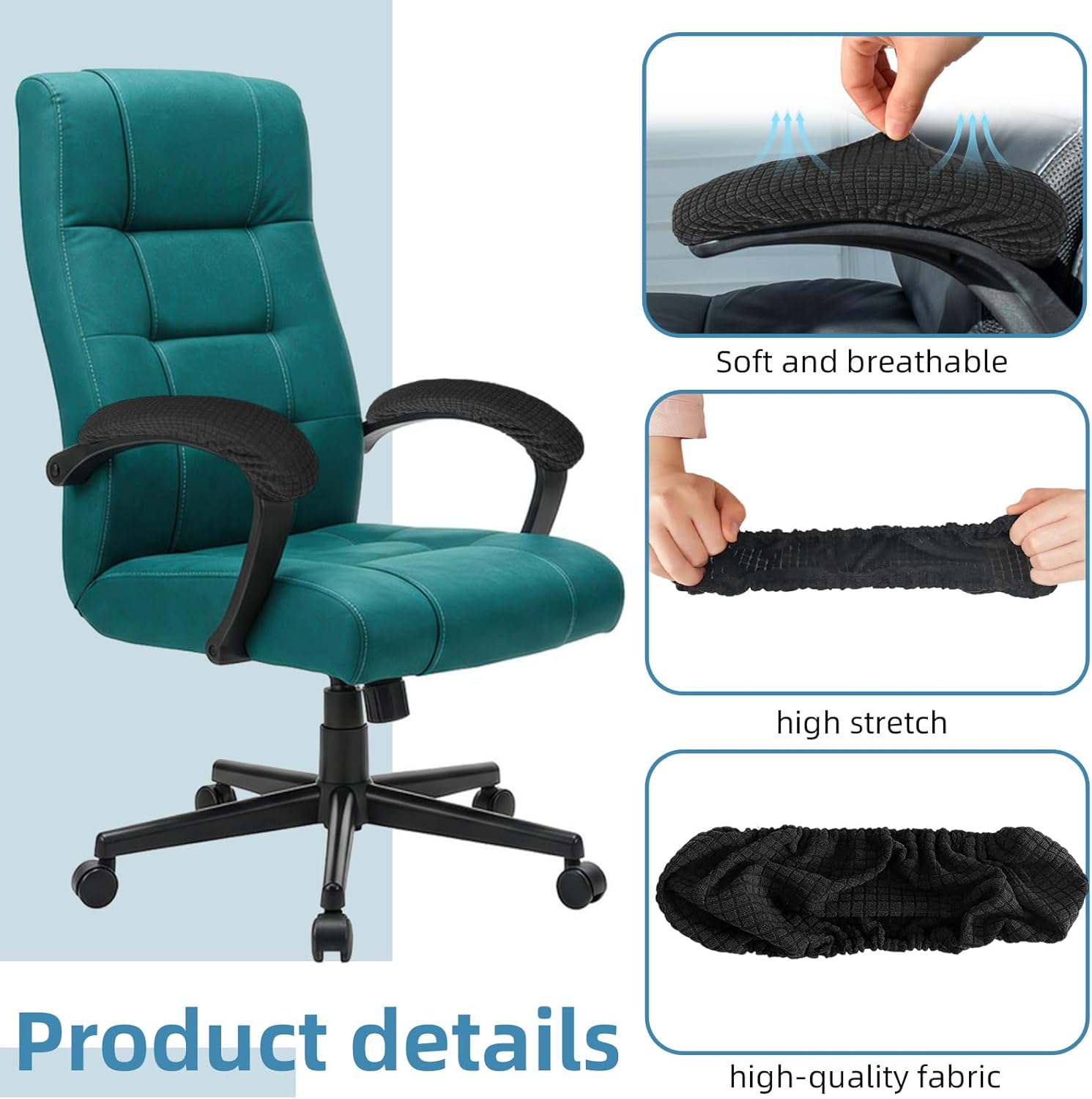 Office Chair Armrest Covers Set of 2, Stretch Armrest Protectors for Desk Chair, Removable Washable Arm Covers, Black