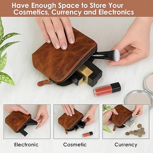 Miniatura 2 de TheAntiq Estuche cosmético, bolsa de cosméticos de cuero, bolsa de monedas con cremallera, kit Dopp para pequeños artículos esenciales de
