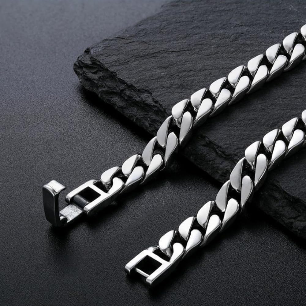 Pulsera de cadena de eslabones cubanos planos de plata de ley 925 para hombre, 8 mm, 10 mm, 12 mm, ancho 18 cm, 20 cm, 22 cm de largo