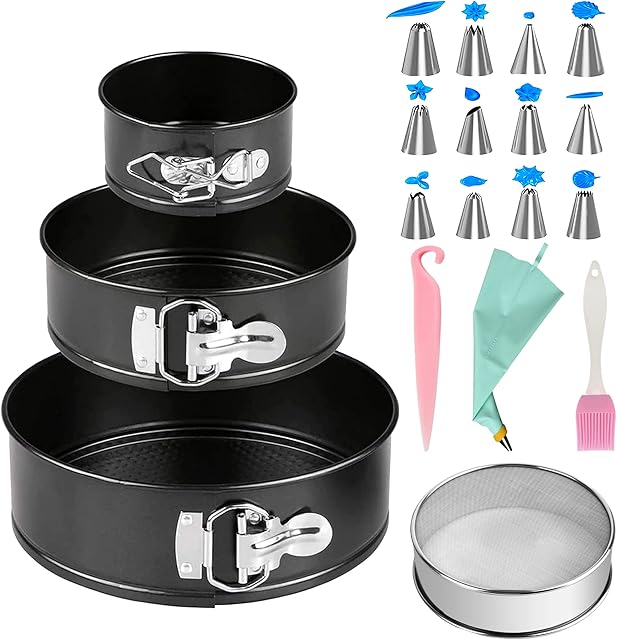 Cake Tin Set 3Pcs(4"/7"/9") Cake Baking Accessories 1*Flour Sieve 1*Demoulding Knife,Nonstick&Leakproof Cake Pan,Springform Cake Baking Tins,Cheesecake Tin,Chiffon Cake Tin Set with Removable Bottom