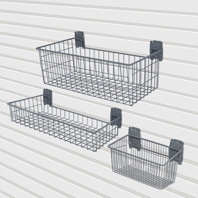 Nisorpa 3Pcs Slatwall Baskets Set Heavy Duty Pegboard Baskets Wall Mounted Storage Baskets Metal Wire Baskets for Storage Kitchen Bathroom Garage Organizing Tools, Grey