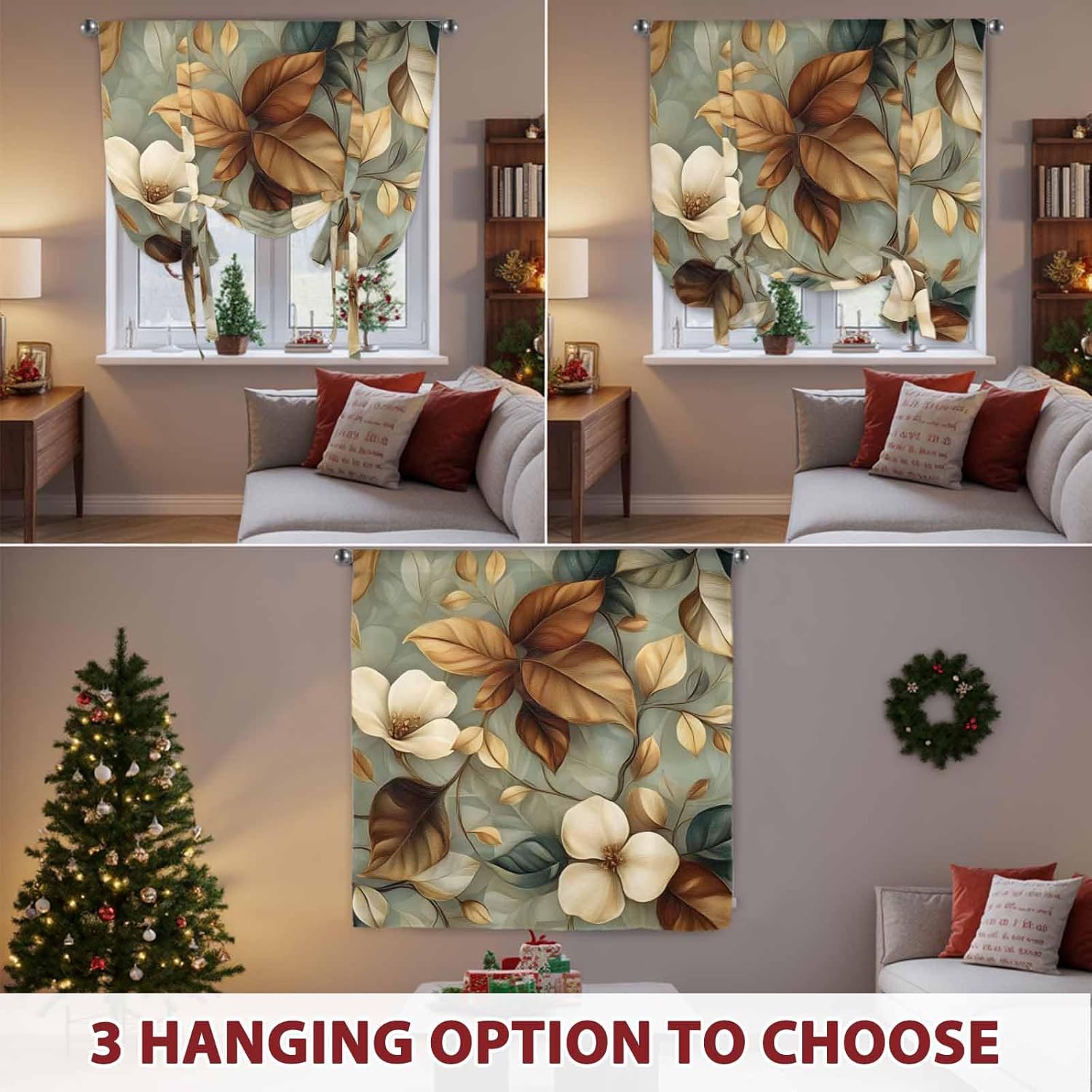 Boho Vintage Flower Tie Up Curtains for Windows 45 Inch Length Balloon Curtains Kitchen Adjustable Balloon Window Shade Farmhouse Botanical Floral Leaf Tie Up Valance Bathroom Curtain Window 34"x45"