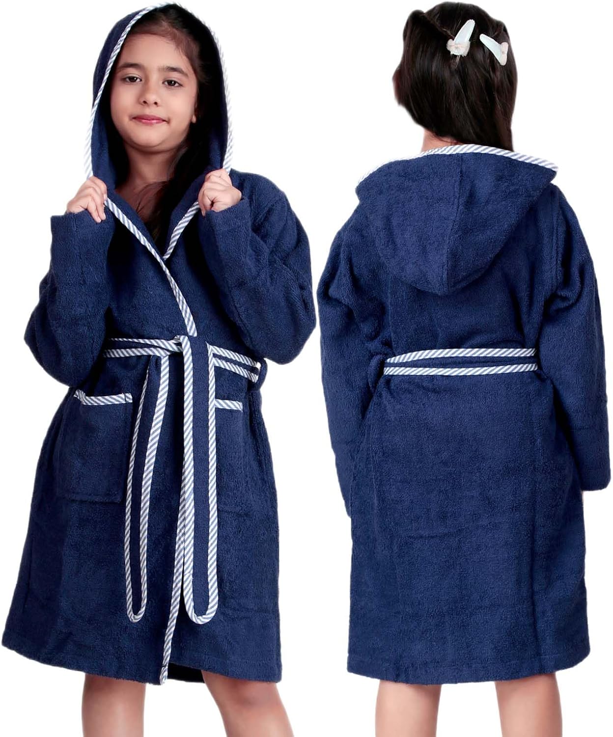 ALLEN & MATE 100% Cotton Kids Bathrobe with Piping – Hooded Towels for Kids, Medium Weight Absorbent Robe for Boys & Girls