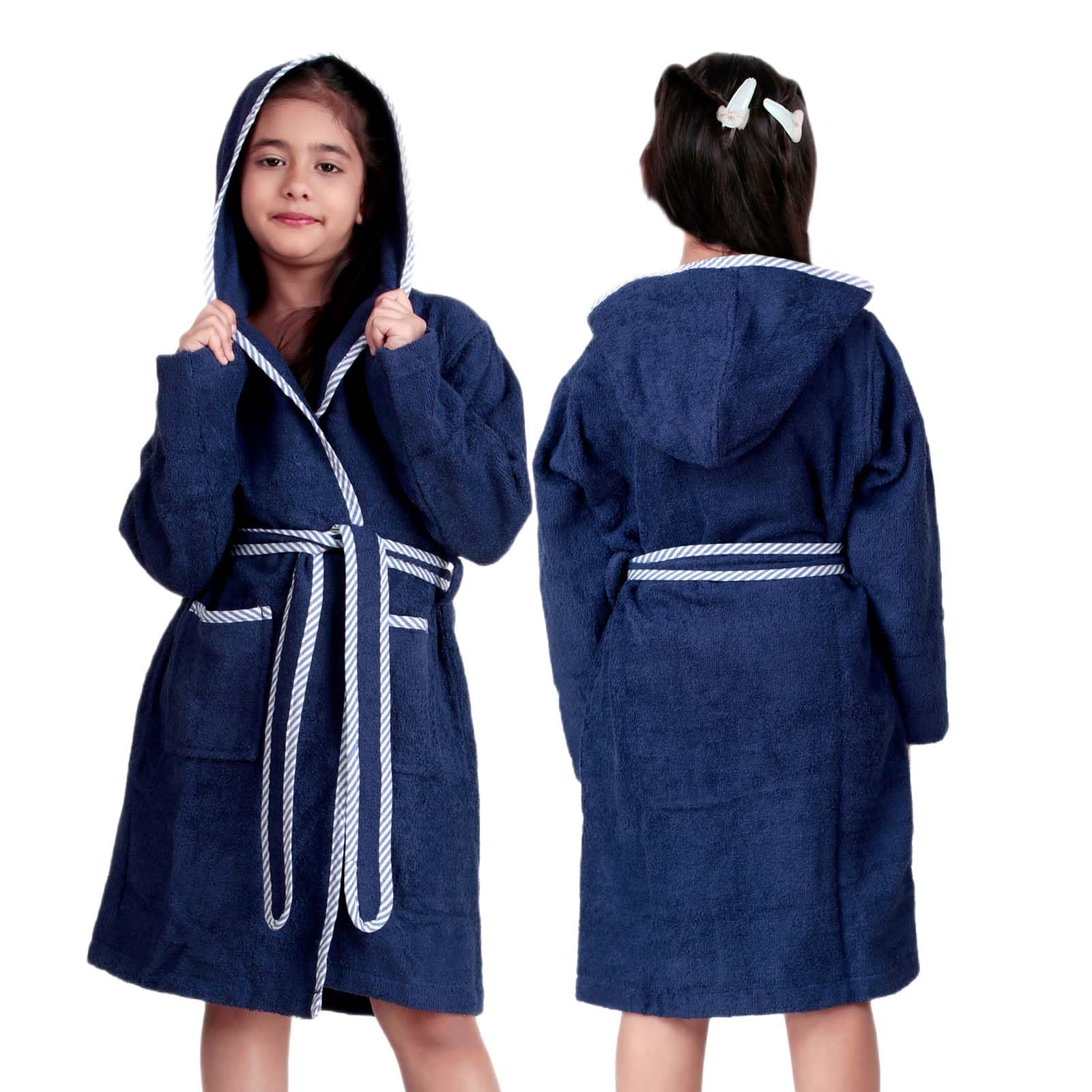ALLEN & MATE 100% COTTON Kids Bathrobe with Piping – Safety Certified, Medium Lightweight, Quick Absorbent for Boys & Girls