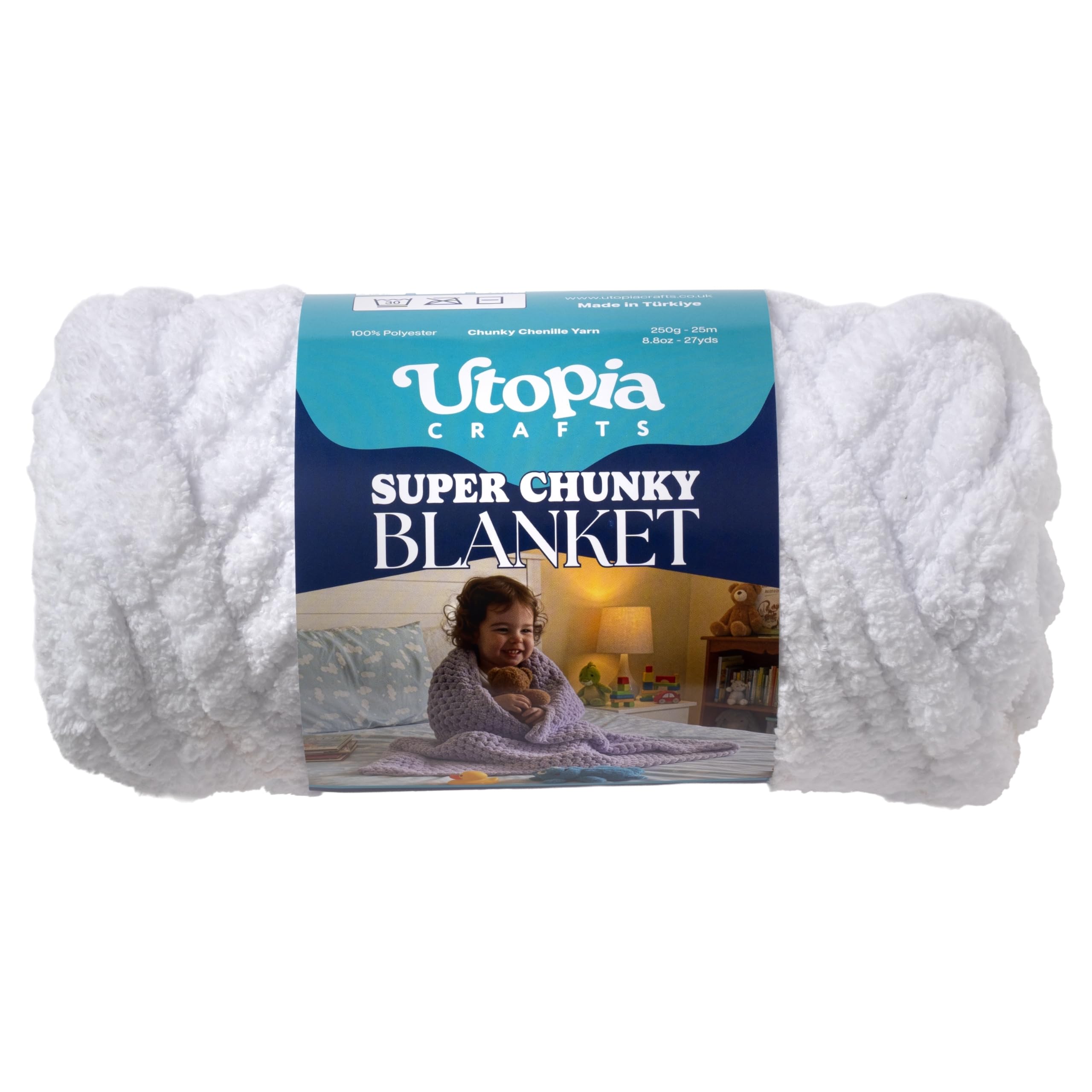 Utopia Crafts Super Chunky Blanket Yarn 250g, Soft Chenille Yarn for Arm Knitting - Thick Bulky Polyester Jumbo Yarn for Hand Knit Throw Blankets, Crochet, DIY Home Décor (White)