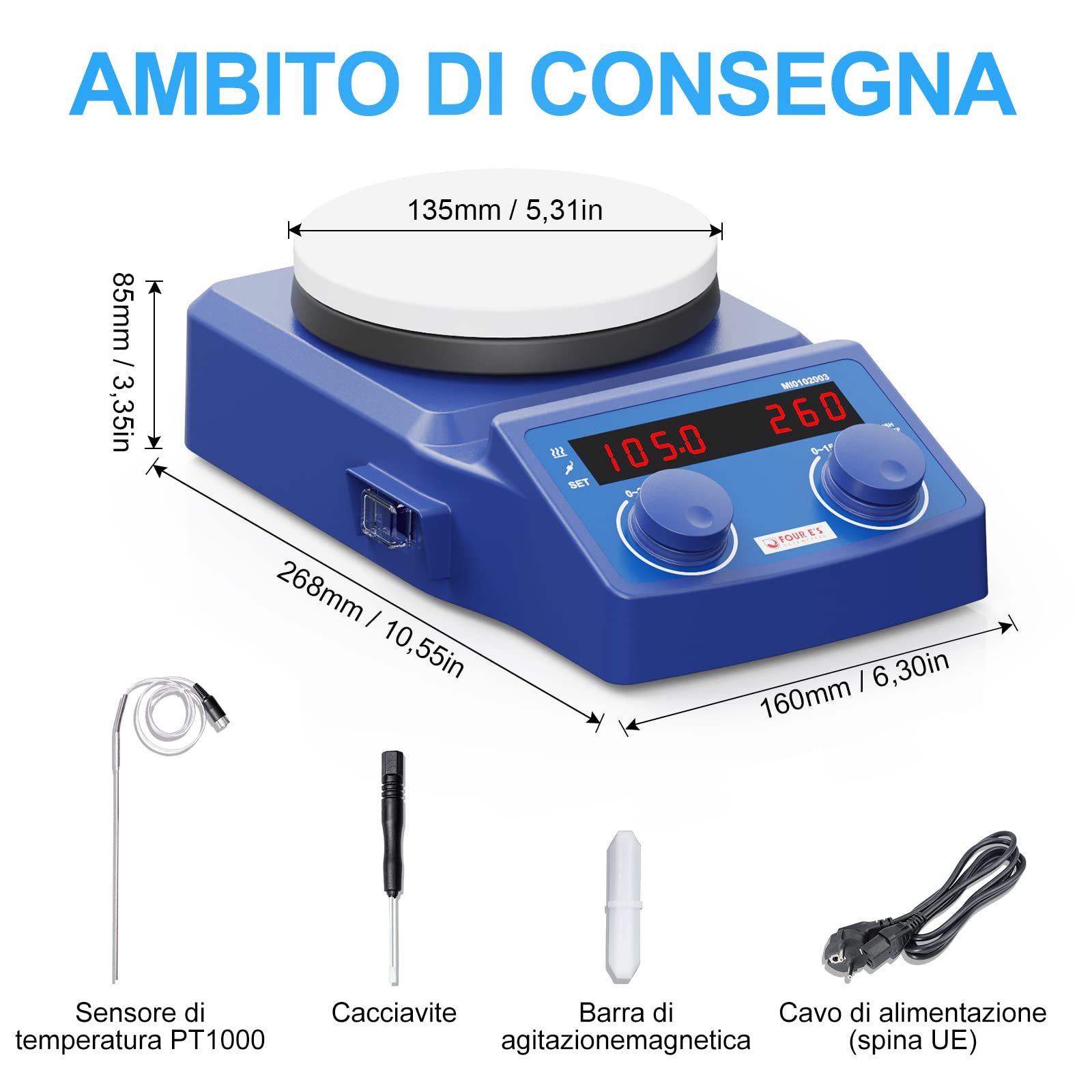 Agitatore Magnetico Riscaldante 280°C 100-1500giri/min 5L Agitatore Magnetico con Piastra Riscaldante 135mm Miscelatore Magnetico da Laboratorio