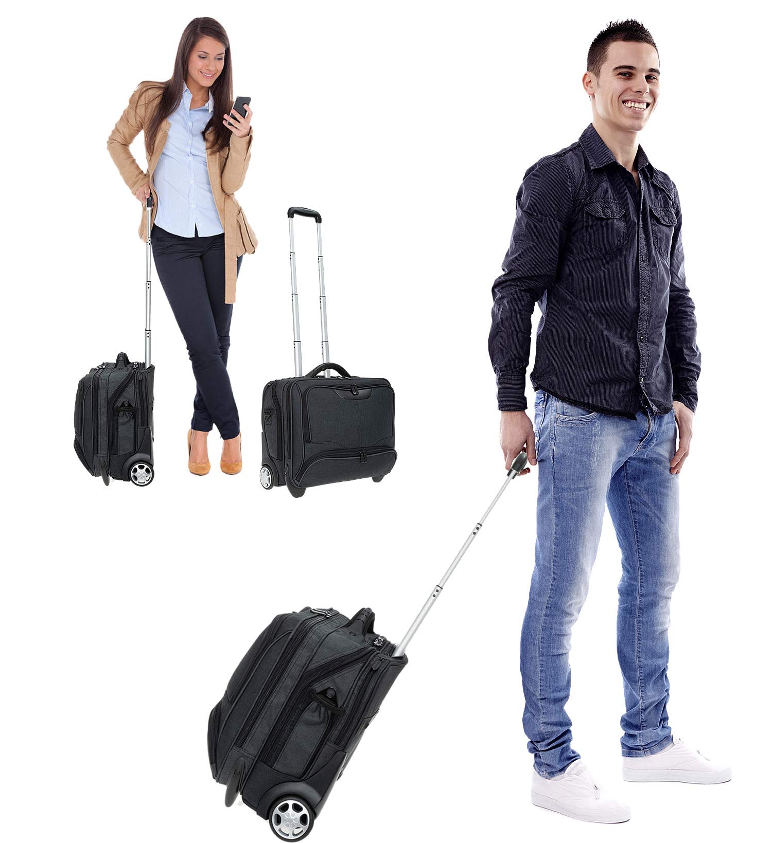 Trolley Pilotentrolly mit Notebook - Polstertasche Trolly 17 Zoll + Ledermäppchen (ANTHRAZIT Two Tone)